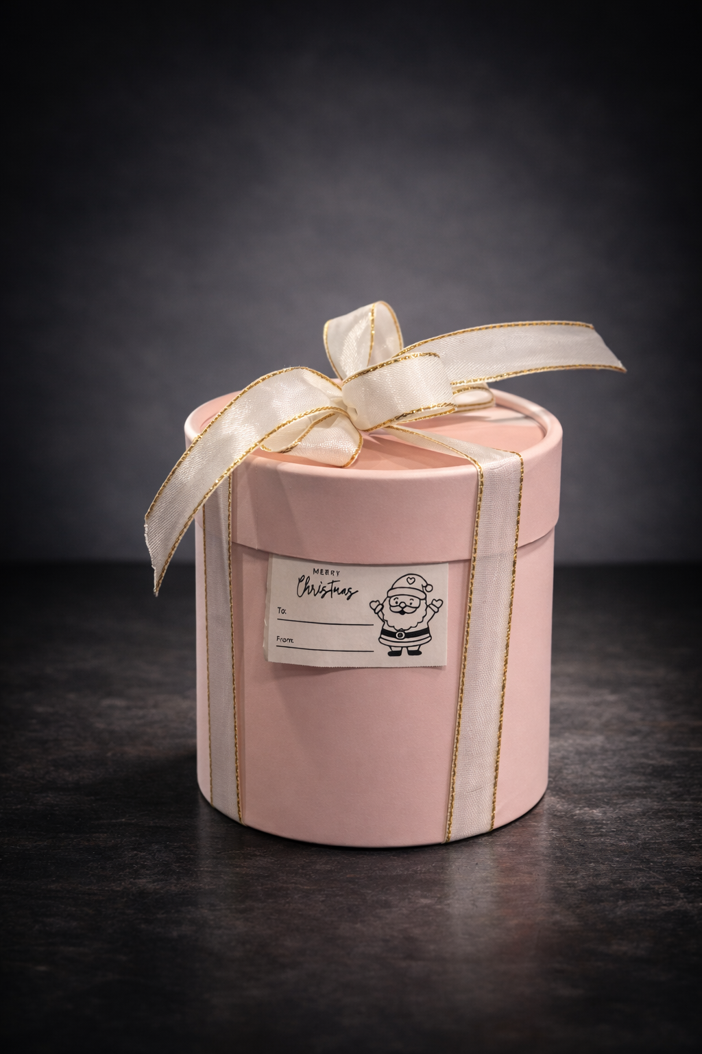 A round pink gift box with a white ribbon tied in a bow, placed on a dark surface against a dark background. The box has a Christmas-themed label with a drawing of Santa Claus and the words 'Merry Christmas'.