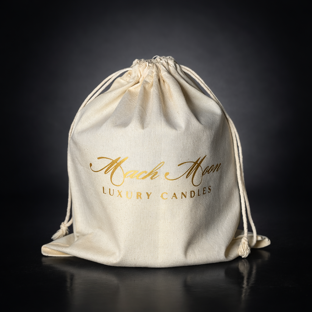 A cream-colored drawstring bag with gold writing that says 'Mack Moon Luxury Candles' on a dark surface.
