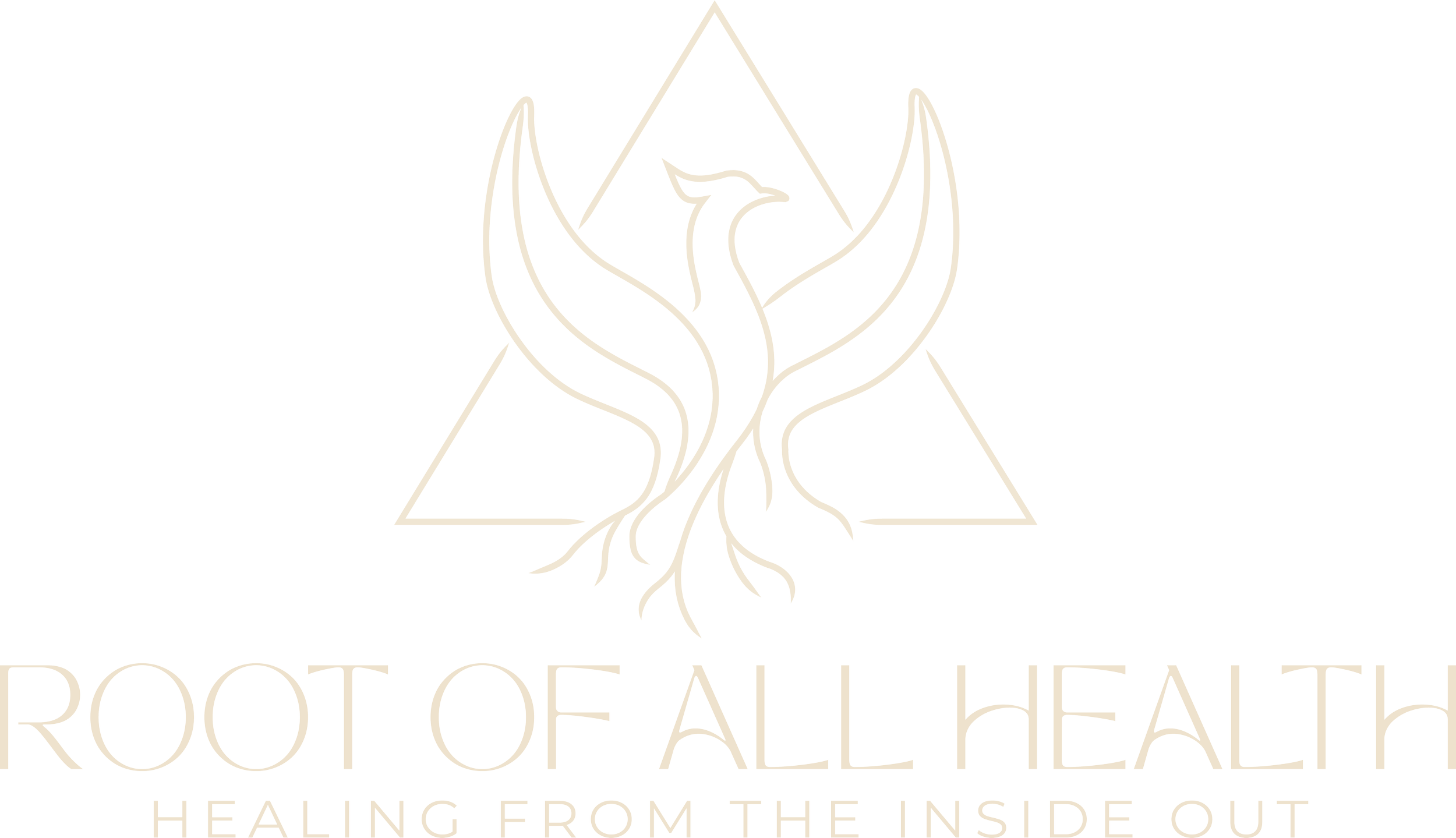 Logo with a stylized plant with roots, framed by a triangle, with text that reads 'Root of All Health' and 'Healing From the Inside Out'.