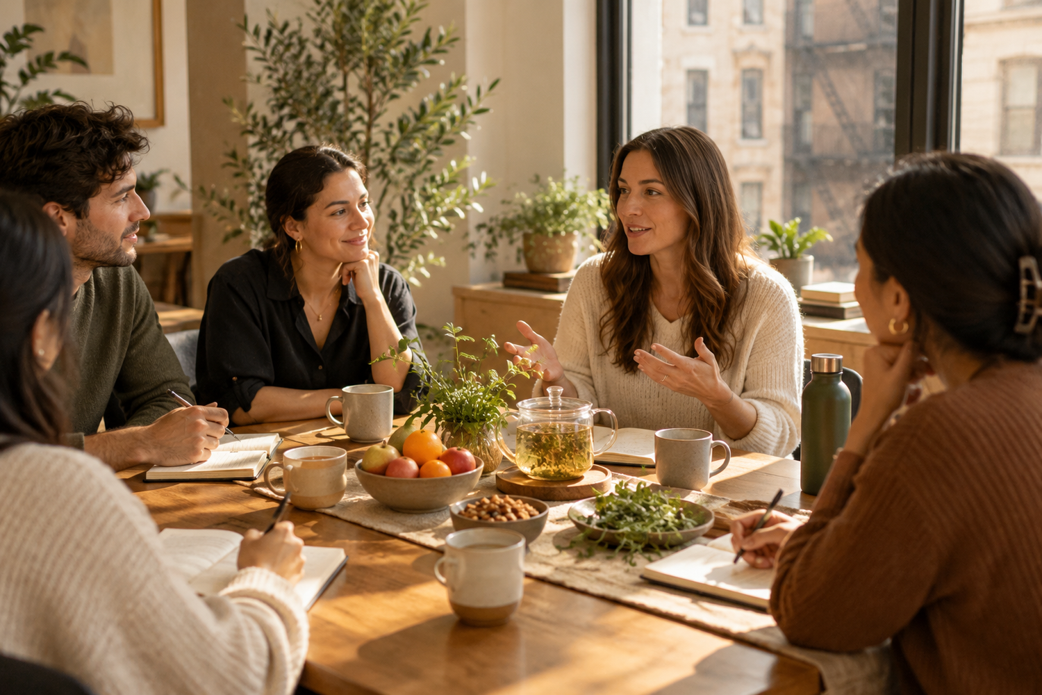 Corporate wellness meeting in a modern workplace
