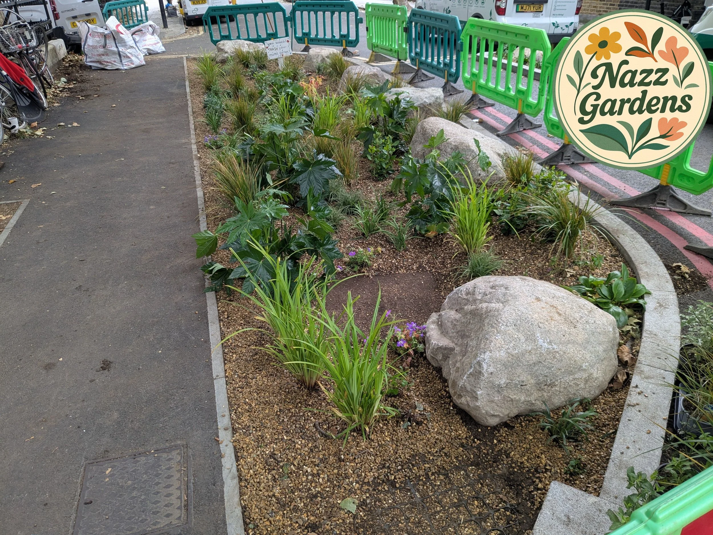 View of a small urban garden bed with various green plants and a large rock, adjacent to a sidewalk and street. Barriers and parked vehicles are visible in the background, with a round sign reading 'Nazz Gardens' in the upper right corner.