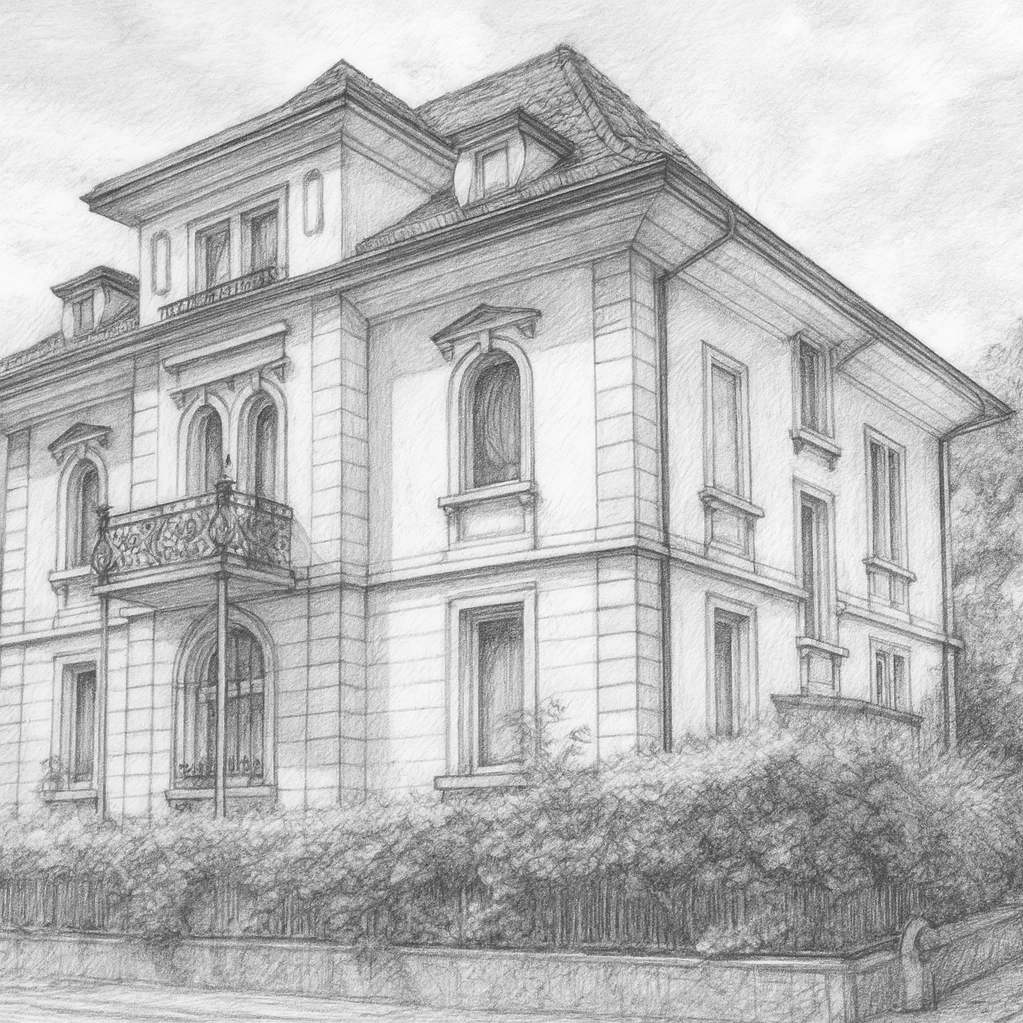 Ein detaillierter Bleistiftzeichnungsentwurf eines großen, mehrstöckigen Hauses im klassischen Stil, mit Fenstern, balustradem Balkon und umliegenden Büschen.