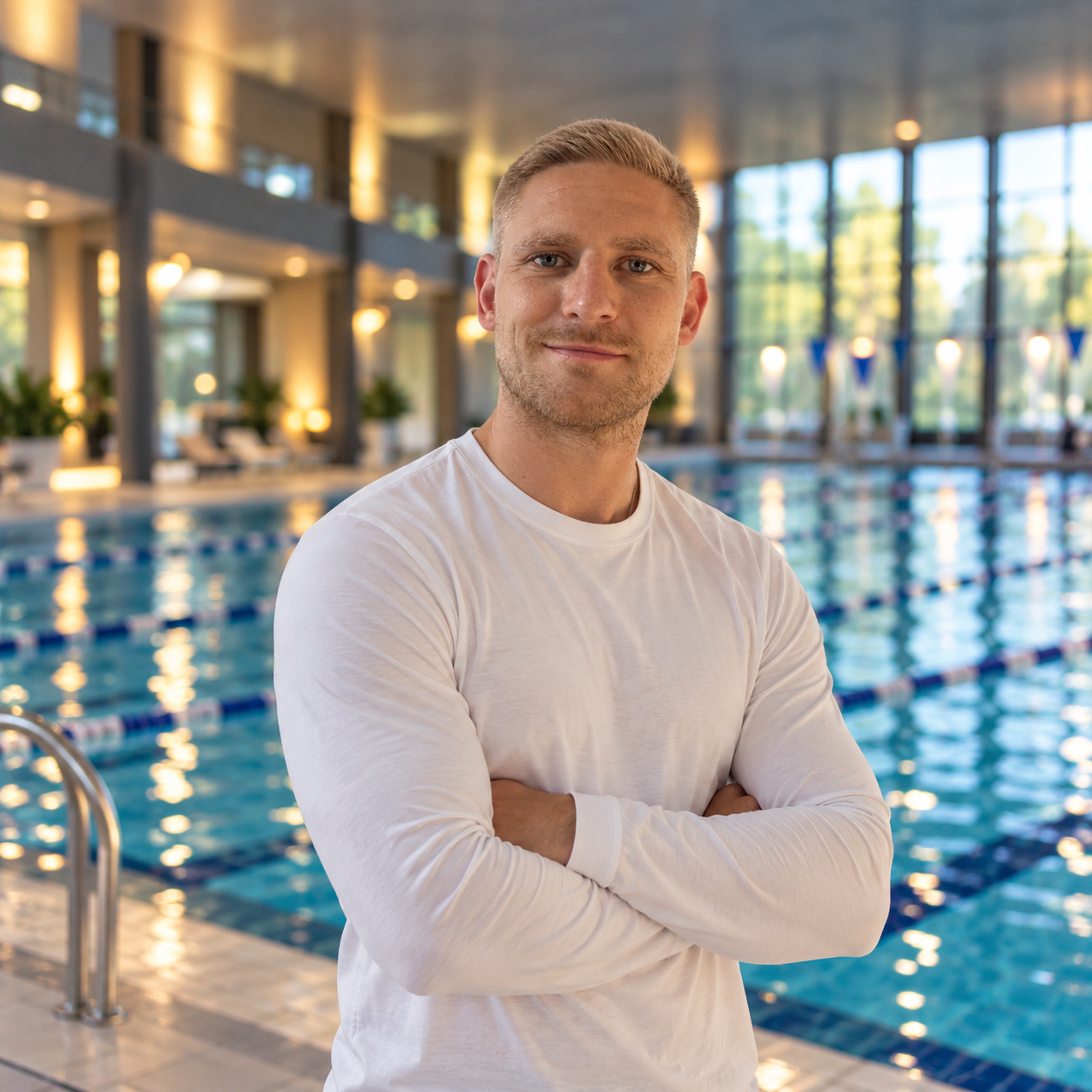 Ein lächelnder Mann mit kurzen blonden Haaren steht am Pool in einem Hallenbad, trägt ein weißes Longsleeve, mit den Armen verschränkt.