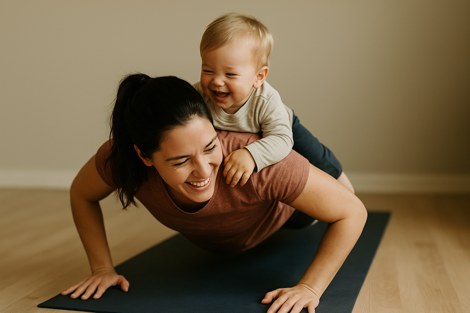Eine Frau macht eine Plank-Übung auf einer Yogamatte, während ein lachender kleiner Junge auf ihrem Rücken sitzt.