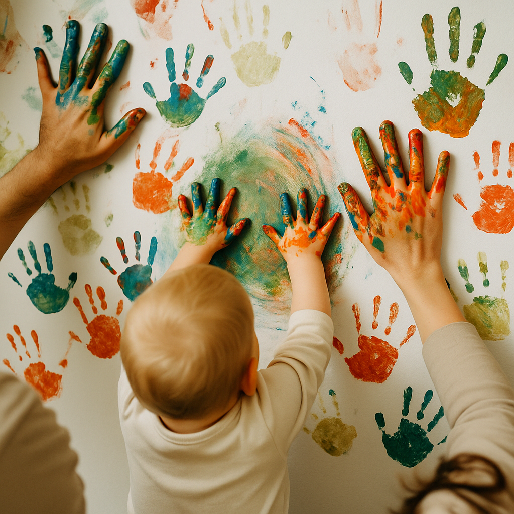 Kinder und Erwachsene drücken bunte Handabdrücke und Handspuren auf eine Wand, die aus Fingerfarben bestehen.