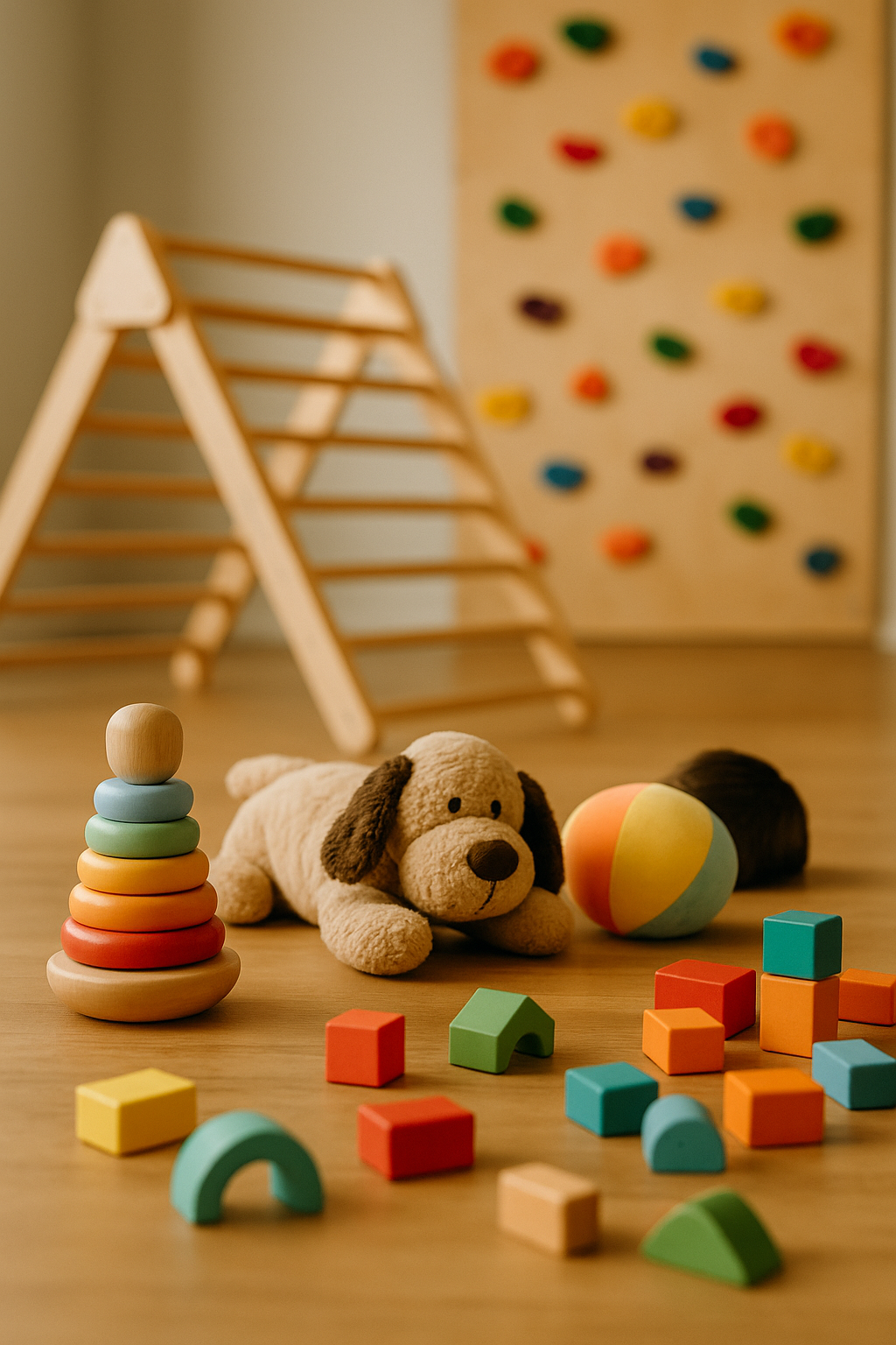 Kleiner Junge hebt mit beiden Händen eine Hantel im Spielzimmer. Im Hintergrund sind Kinder und Erwachsene, sowie bunte Bälle auf dem Boden.