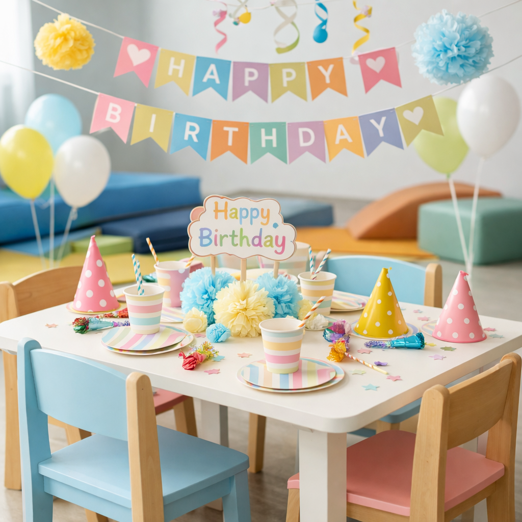 Bunter Geburtstagsdekorations- und Partyraum mit Tisch, Luftballons, Papierhüten, Kuchen und Dekorationen.