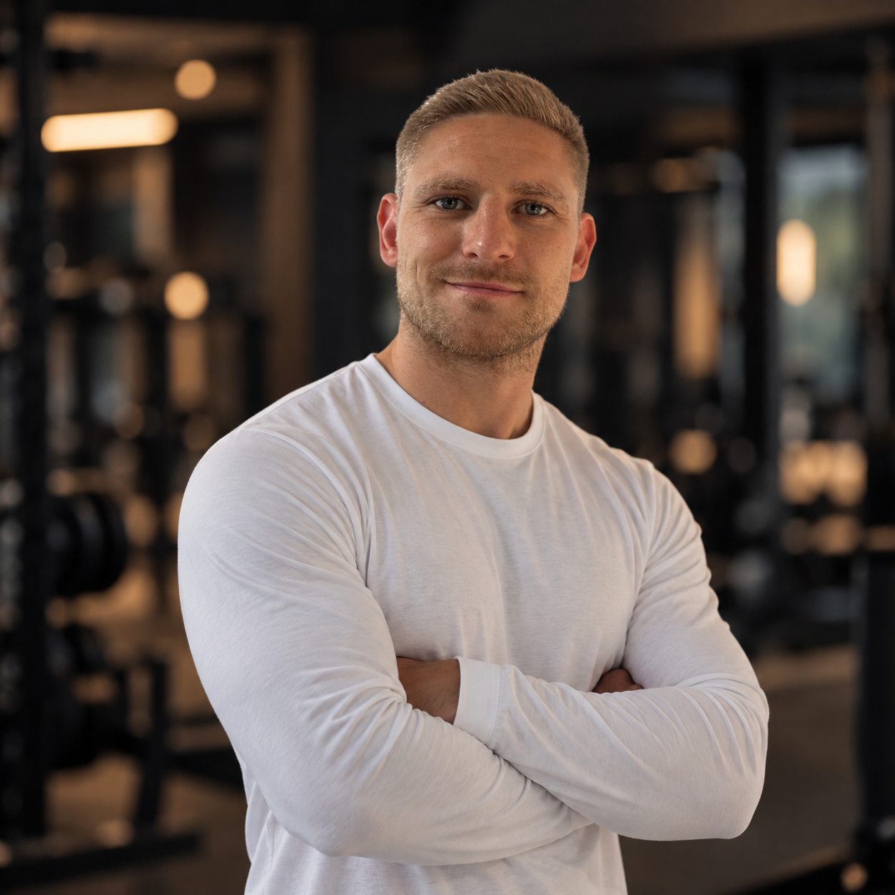 Ein junger Mann mit kurzen blonden Haaren und einem weißen T-Shirt steht in einem Fitnessstudio mit verschränkten Armen und lächelt.