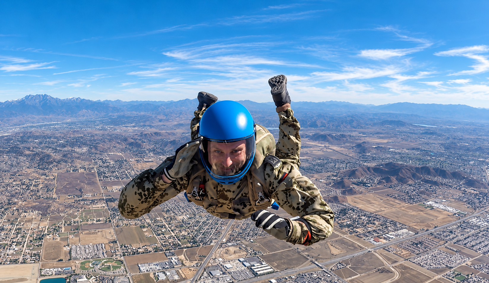 Fallschirmspringer mit blauer Helm und Camouflage-Kleidung fliegt über eine Stadt mit Bergen im Hintergrund.