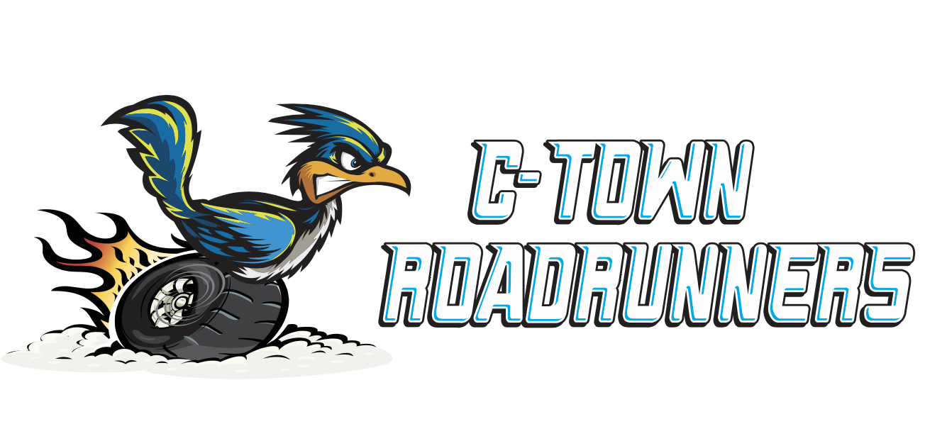 A cartoon eagle with blue and black feathers, perched on a car tire with flames behind it, next to the text 'C-Town Roadrunners'.