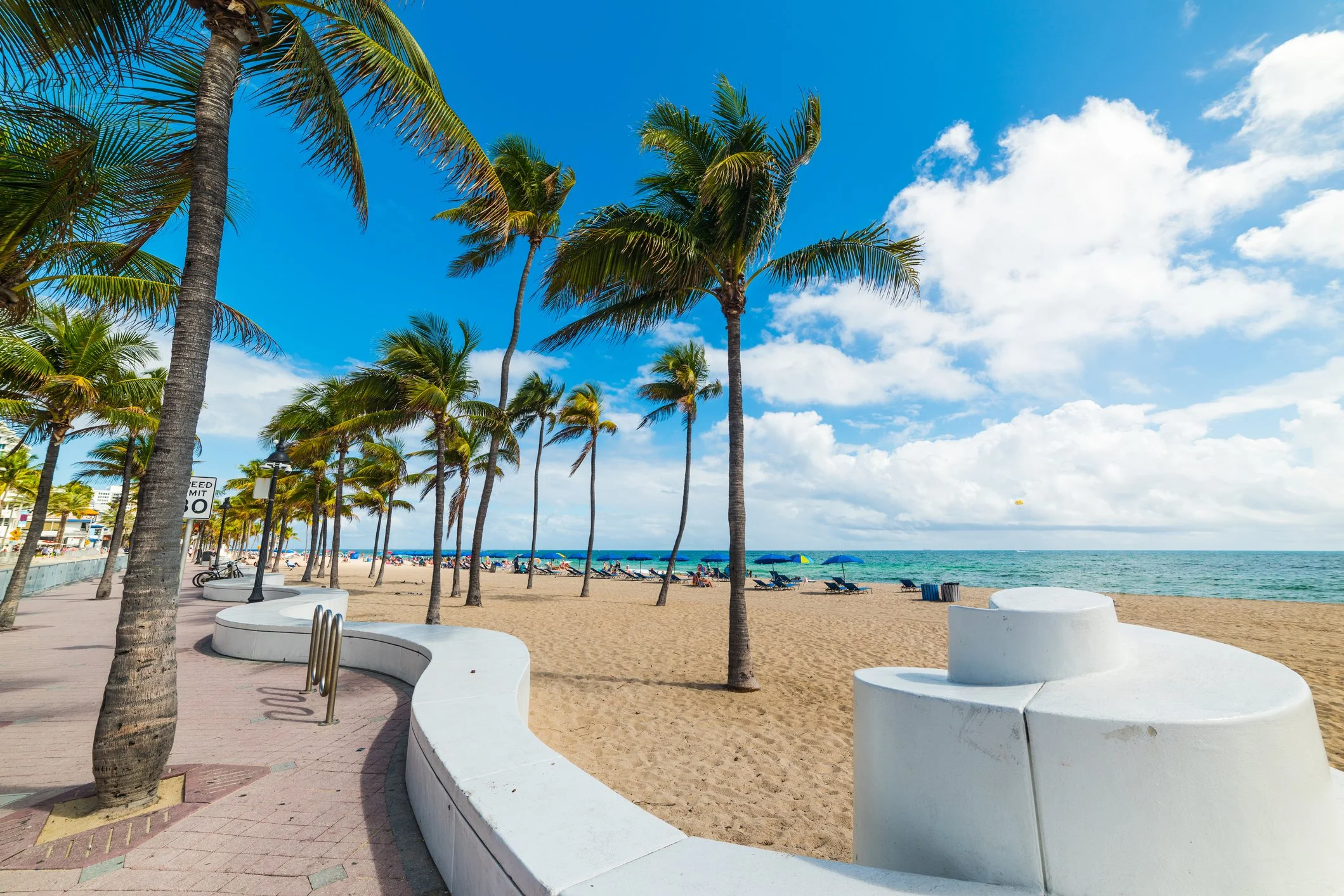 Palm trees along a sunny beach with lounge chairs, umbrellas, and a boardwalk, under a partly cloudy blue sky.