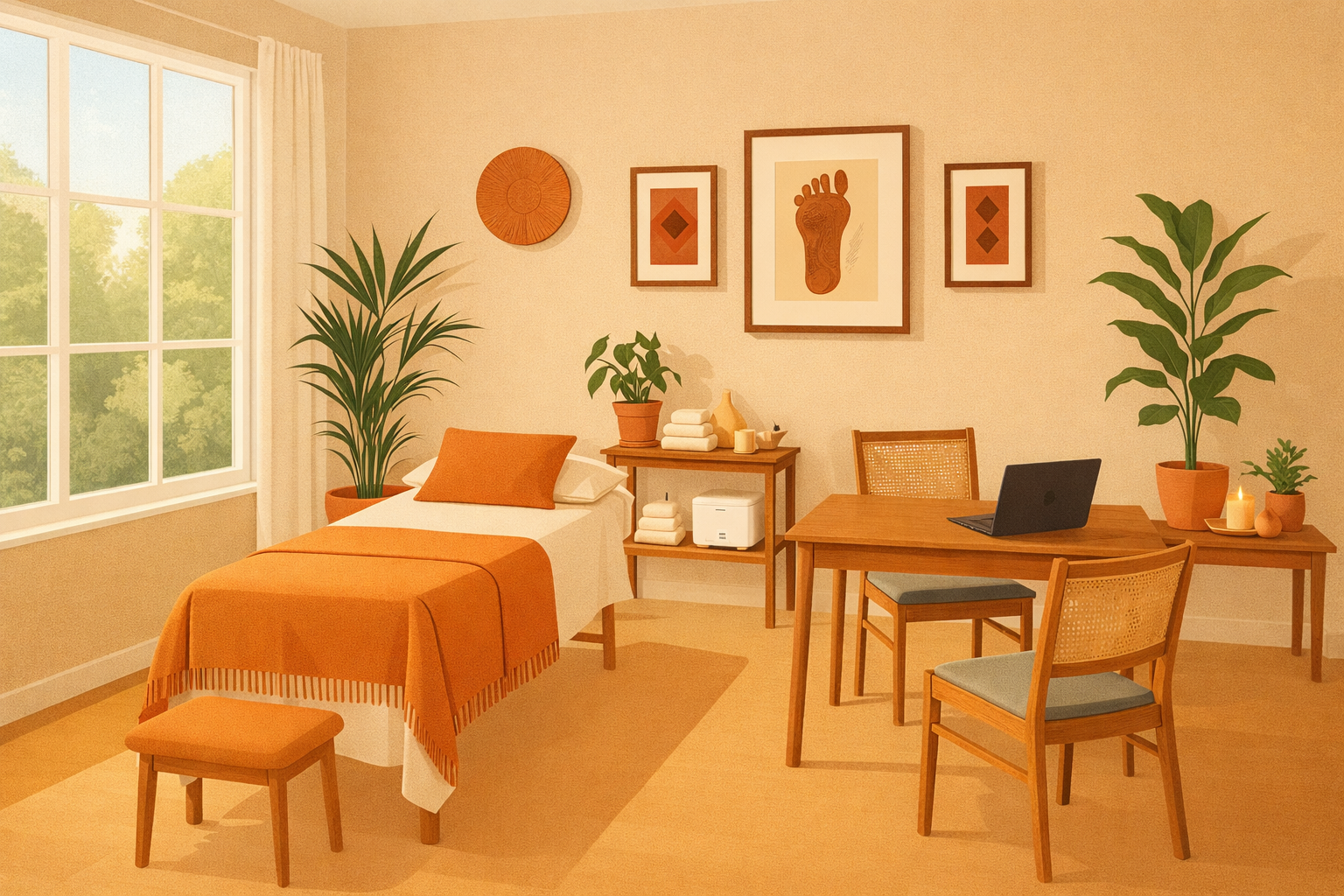 Une chambre avec un lit blanc orné d'une couverture orange et d'oreillers jaunes, deux plantes d'intérieur, un bureau avec un ordinateur portable, des chaises, une table de chevet avec des livres, des bougies et des décorations en pot, et un mur décoré avec des images artistiques naturelles.