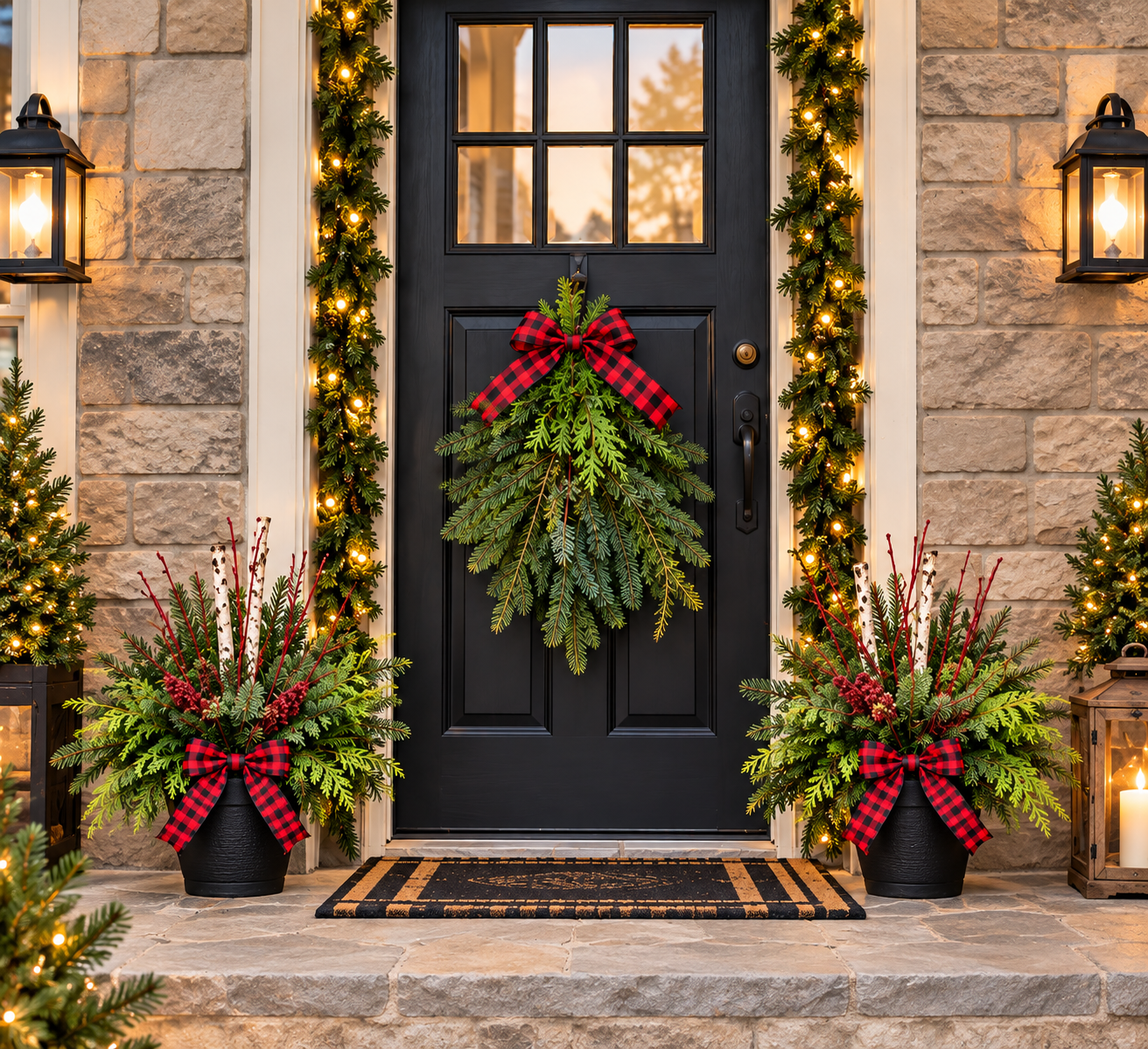 Warm Holiday Doorway with Evergreen Swag.png