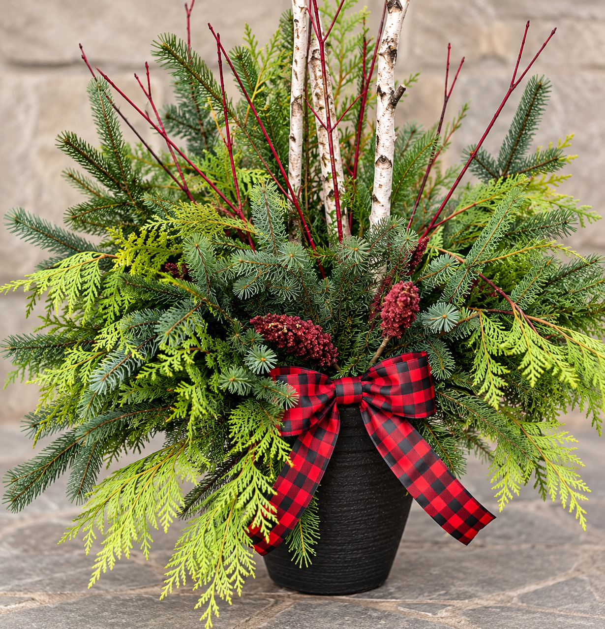 Festive Evergreen Planter with Plaid Bow.png