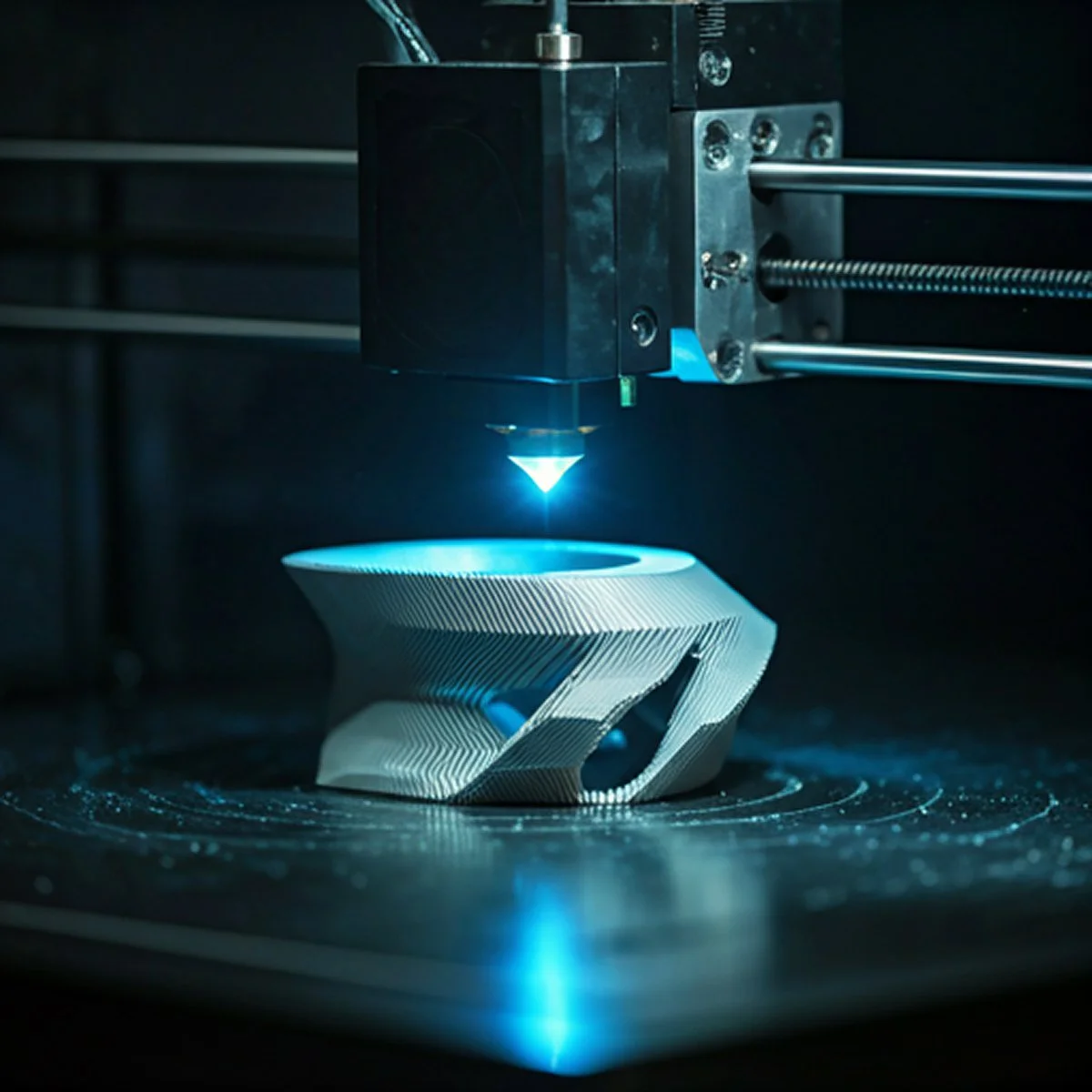 A 3D printer is printing a complex, geometric object with horizontal layers while illuminated by a blue laser.