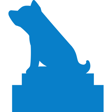 Silhouette of a sitting dog on a rectangular platform.