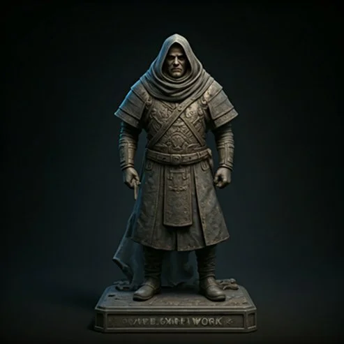 Statue of a medieval warrior in dark armor with a hood, standing on a base with the words 'Apfel Craft Work'.