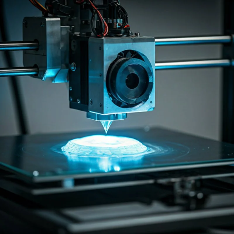 Close-up of a 3D printer's nozzle extruding a glowing light blue filament onto a print bed.