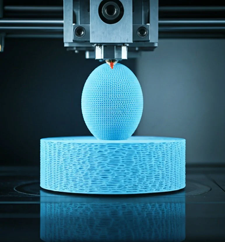 A 3D printer creating a blue, textured, egg-shaped object on a round platform.