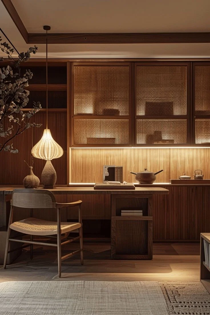 Interior de una sala de estilo minimalista y cálido con muebles de madera, una lámpara de mesa de fibra y una silla de madera con asiento de cuerda, estanterías y accesorios decorativos.