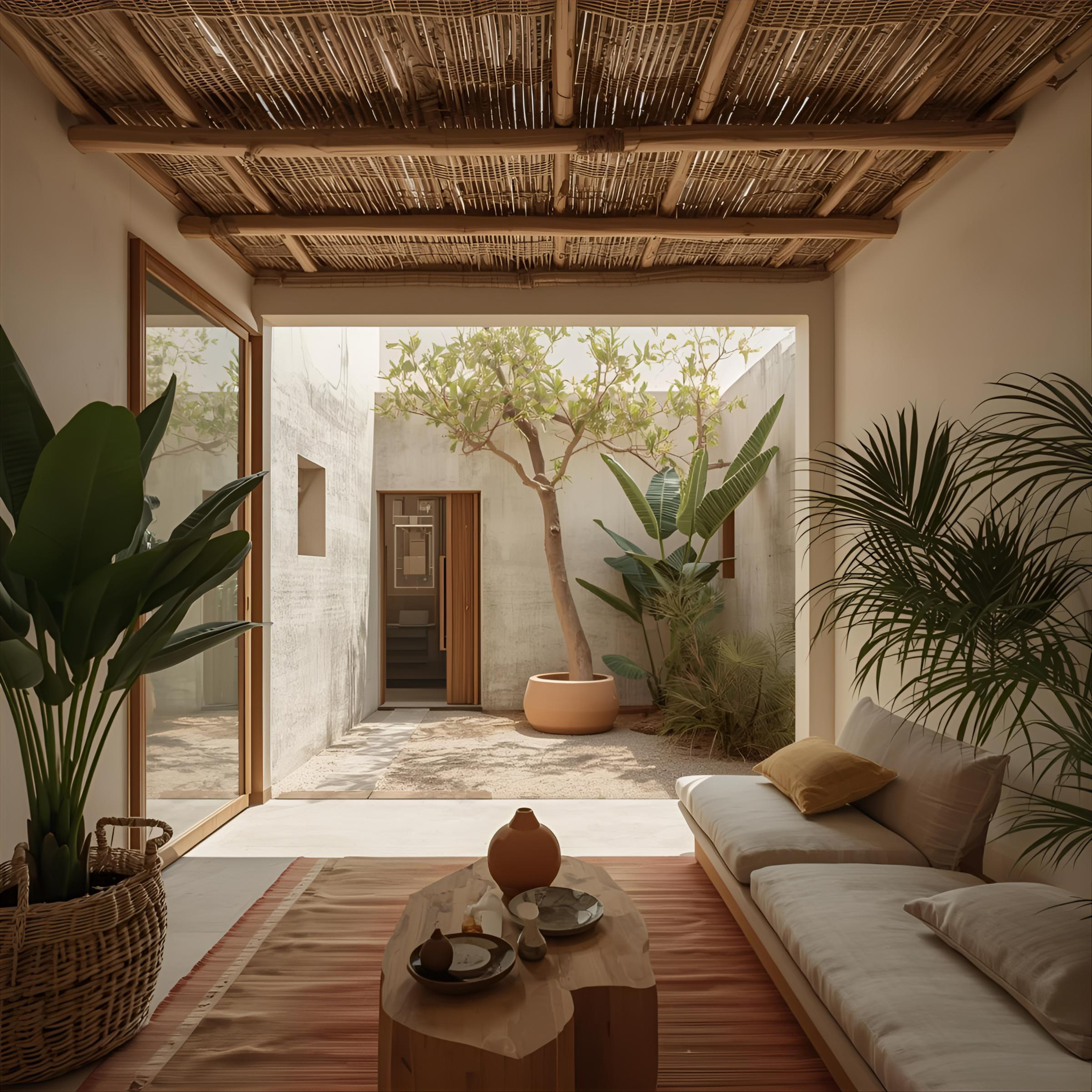 Interior de una sala con plantas, un sofá cama con almohadones, una mesa de madera con vajilla, y vista a un patio con árbol y plantas.