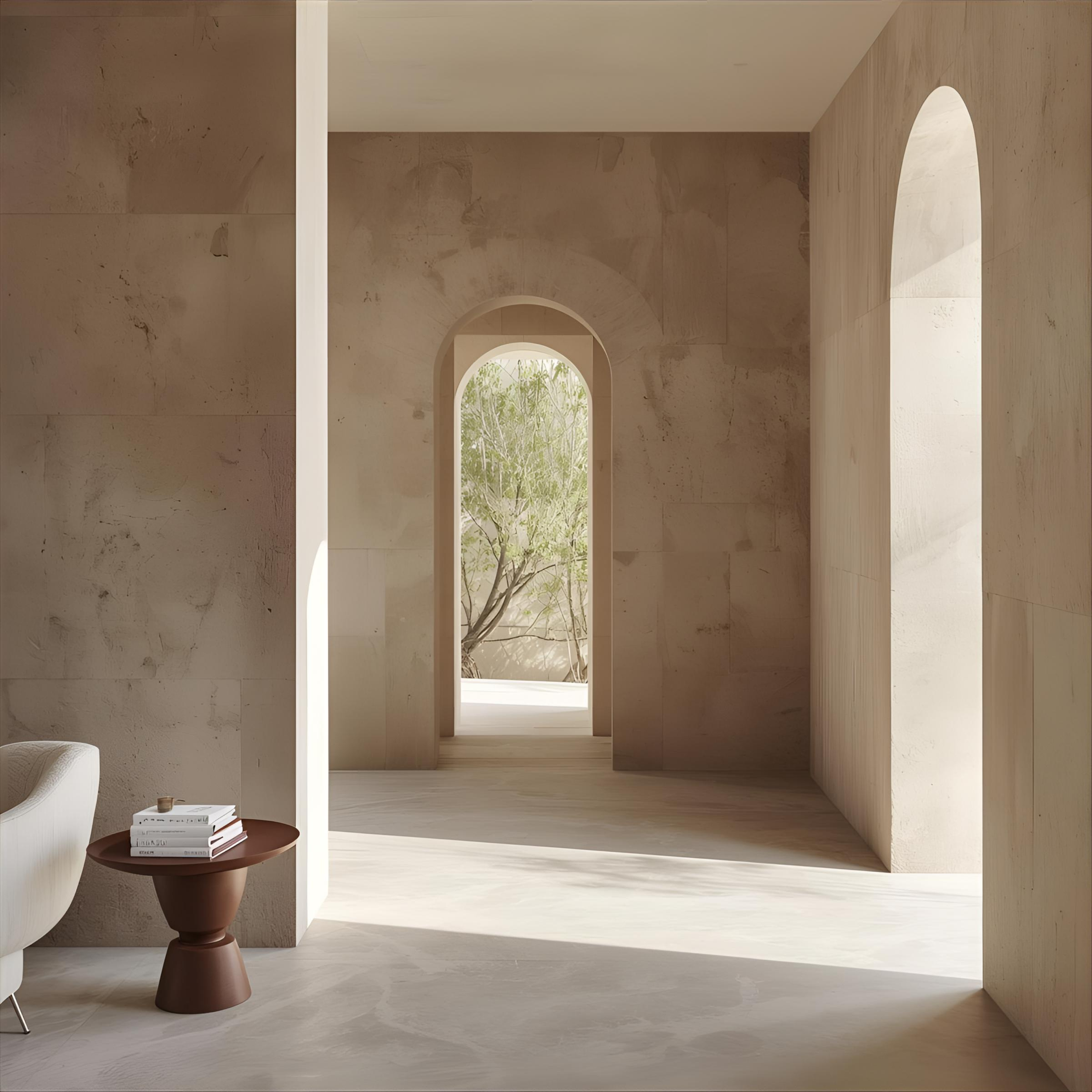 Interior minimalista con paredes y pisos de tono beige, arcos en la pared que dejan ver un árbol y vegetación en el exterior, y una mesa pequeña con libros y una taza.