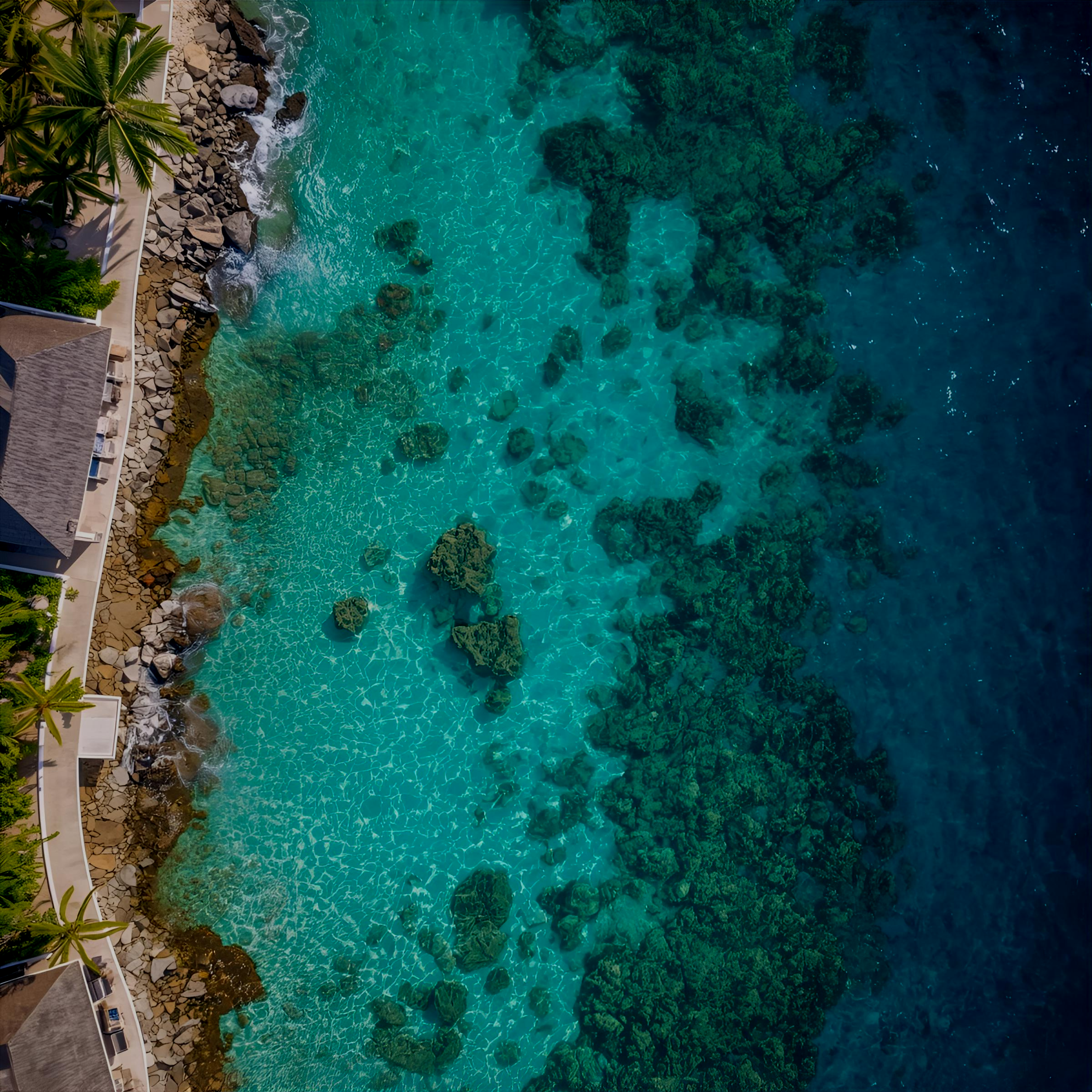 Imagen aérea de la costa con aguas cristalinas, rocas y vegetación marina, junto a un área con palmeras y construcciones costeras.