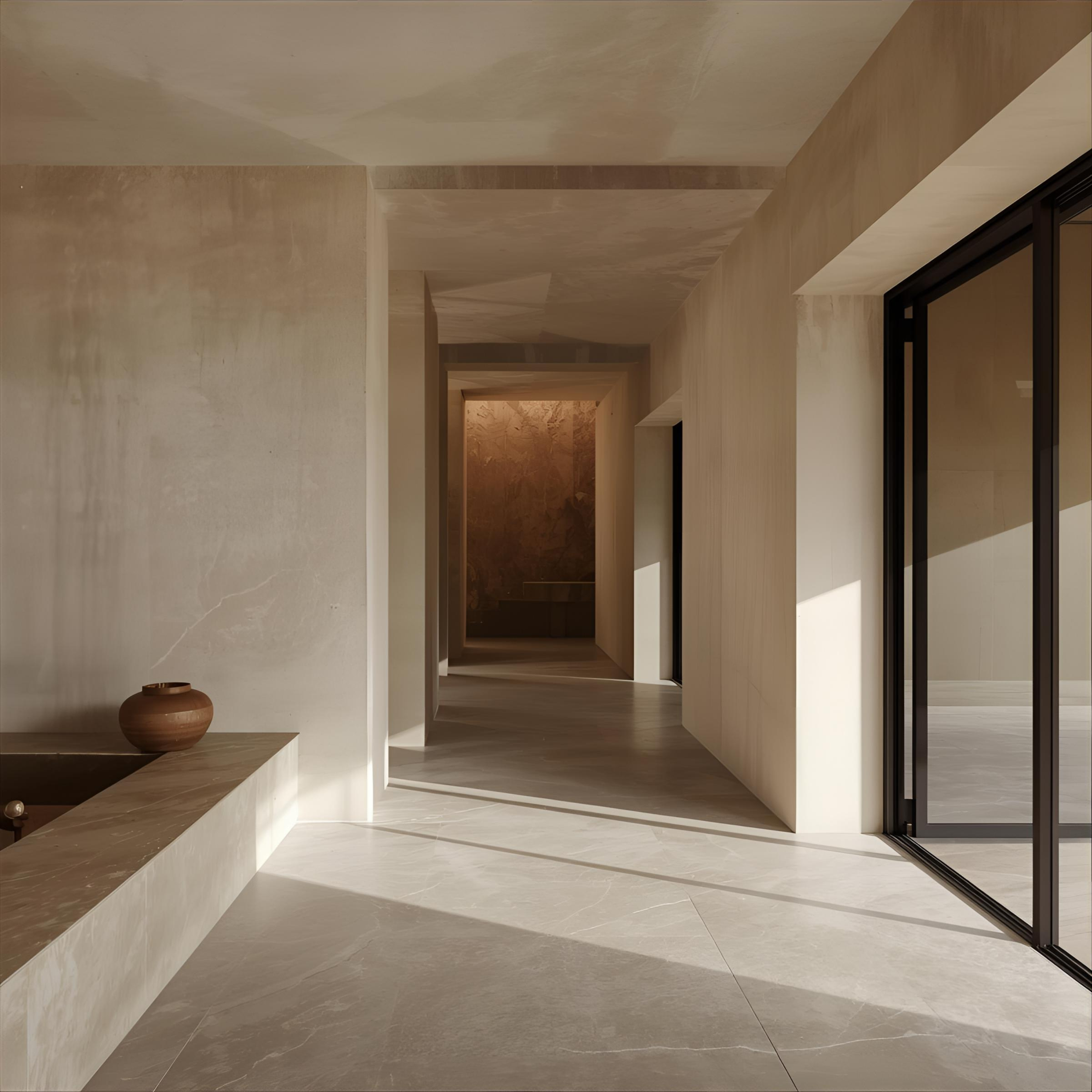 Interior de un espacio minimalista con paredes y suelos de color claro, una gran ventana de vidrio con marco negro, una vasija de barro en un elevado banco de piedra, y sombras que proyectan la luz del sol en el suelo.