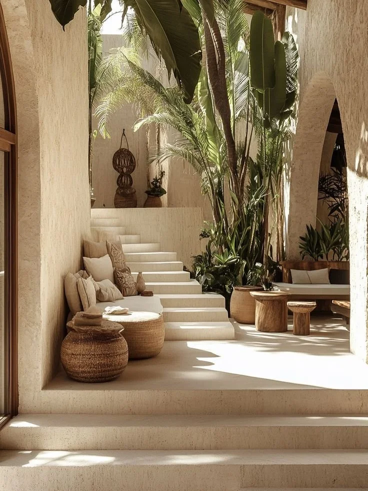 Espacio interior con paredes de color beige, decoración en tonos neutros, almohadones en sillón, plantas grandes y pequeñas, mesas de madera y escaleras blancas que llevan a una zona elevada con más plantas y decoración.