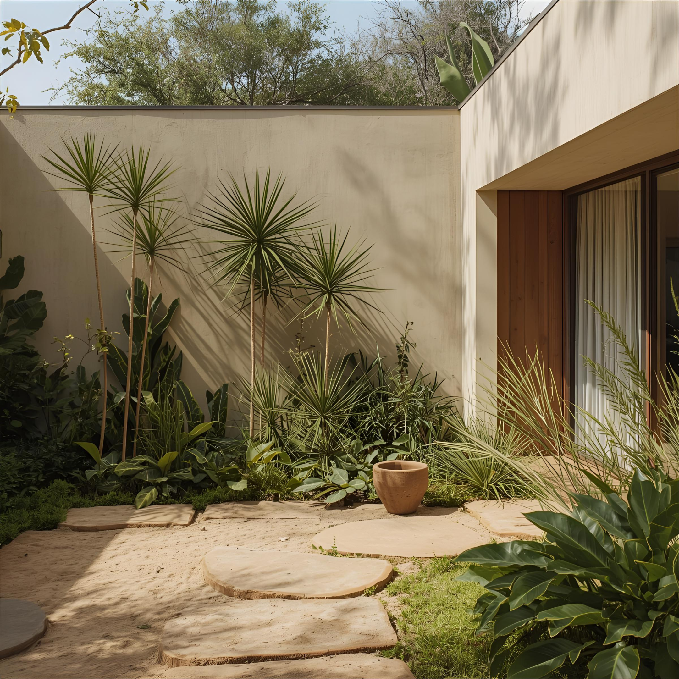Jardín con plantas tropicales y caminos de piedra junto a una casa moderna con paredes blancas y ventanas de vidrio.