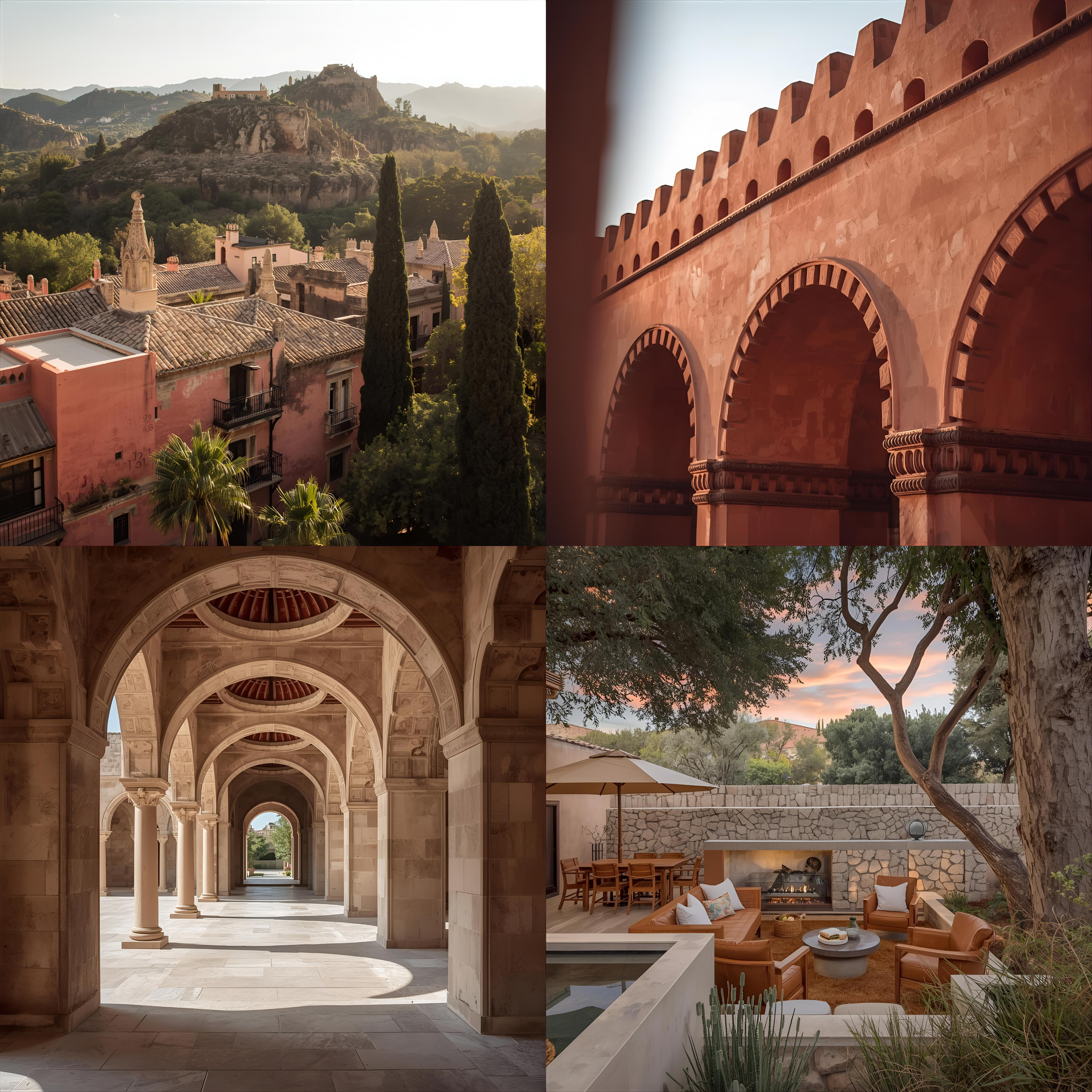 Cuatro imágenes que muestran diferentes escenas arquitectónicas y naturales: una vista de un pueblo con colinas y árboles, un muro con arcos de piedra, un pasillo con columnas en un edificio histórico, y un área de estar al aire libre con muebles y árboles al atardecer.