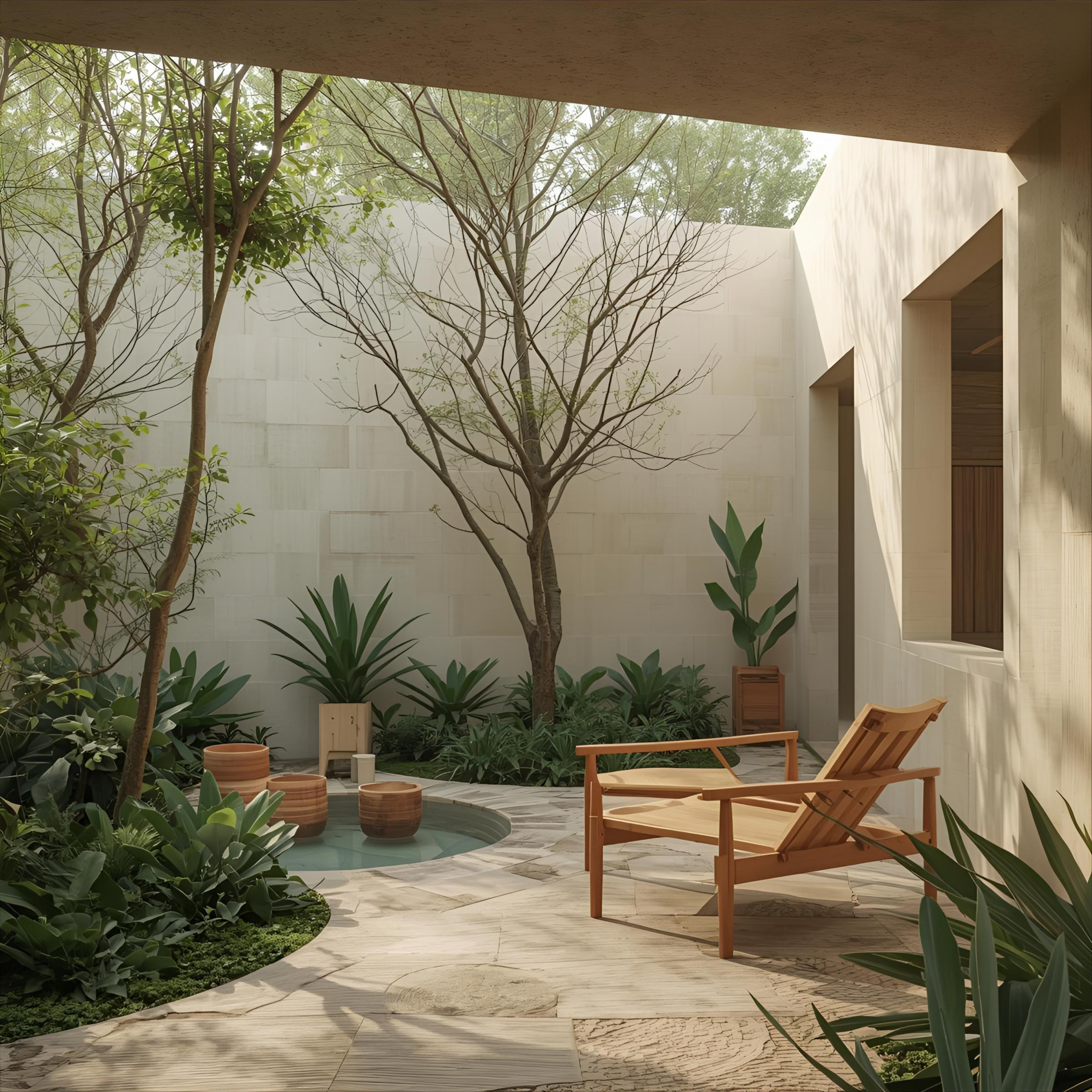 Patio interior con un árbol desnudo en el centro, plantas verdes, una silla de madera y maceteros de cerámica.