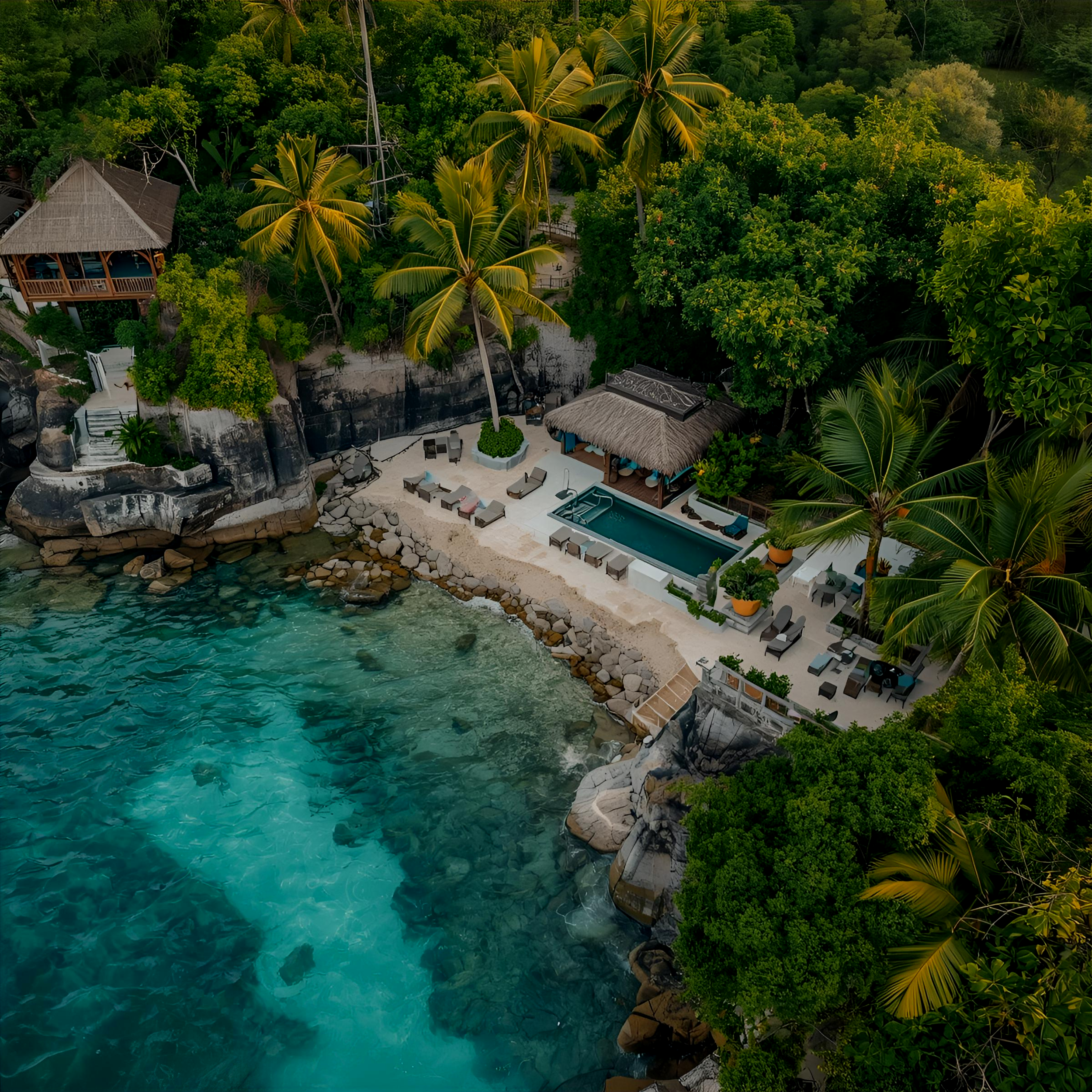 Vista aérea de una playa con agua azul, rodeada de árboles verdes y palmeras, con una zona de descanso y una piscina.