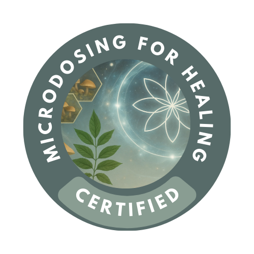 A circular badge with the words 'Microdosing for Healing Certified' around the edge. Inside, there are images of mushrooms, a green plant, and a glowing, abstract, flower-like design against a cosmic background with stars.