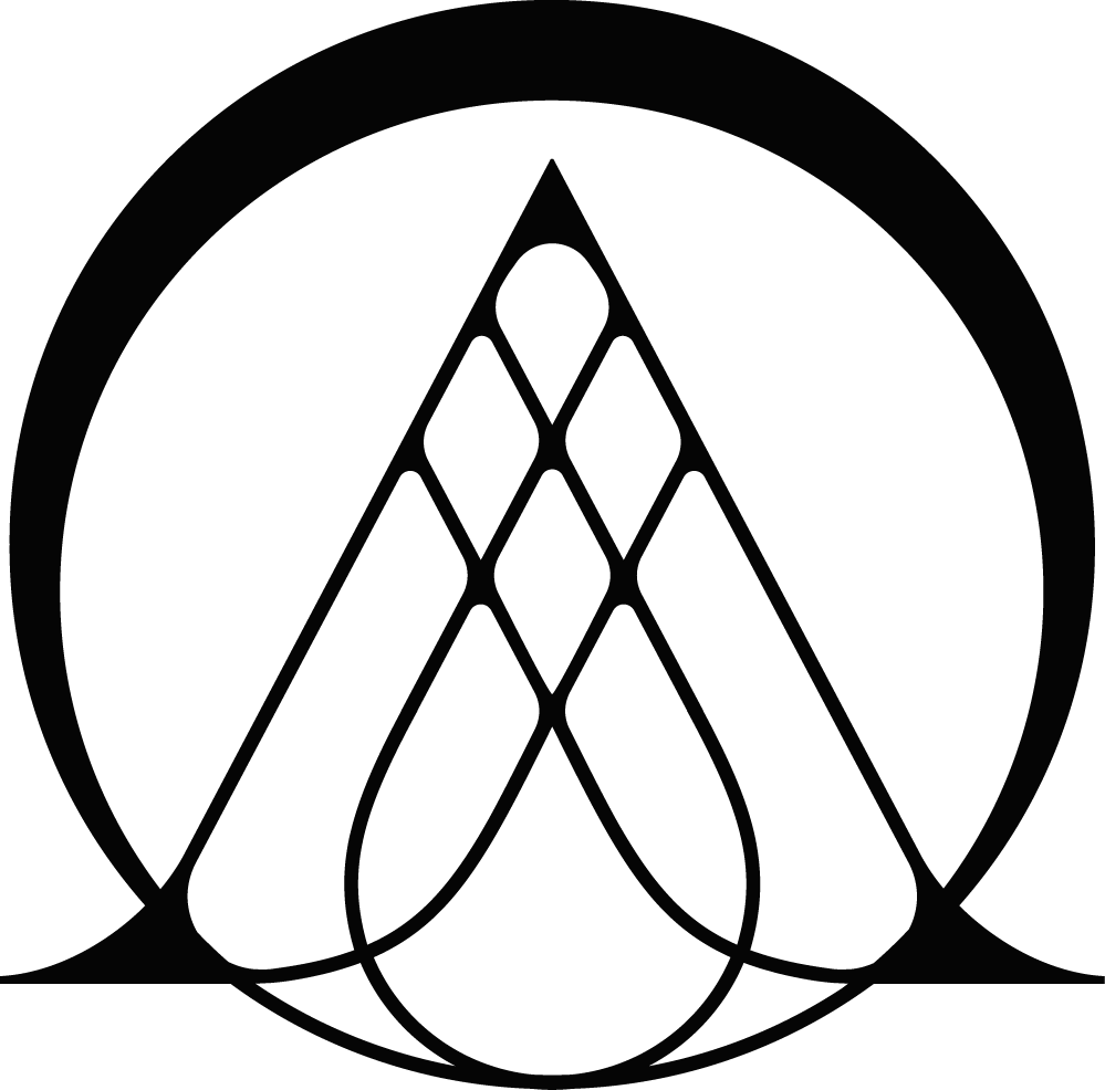 A black and white logo with an abstract mountain and water design inside a circle.