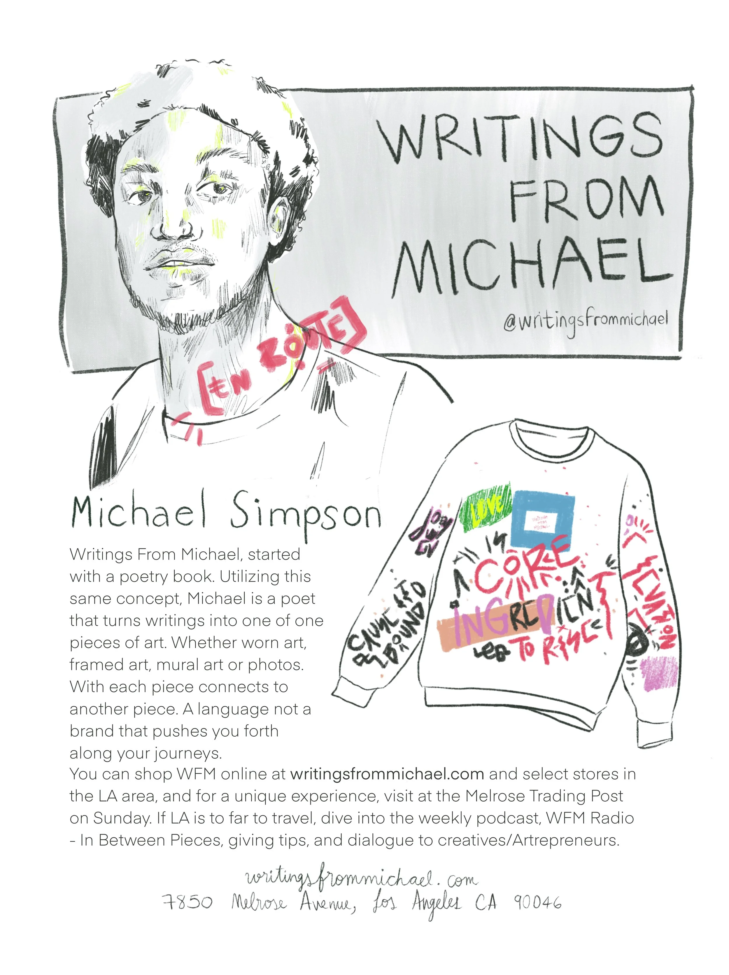 Editorial portrait by Laura Umaña for Love My Local Guide: Los Angeles, featuring poet and artist Michael Simpson, founder of Writings from Michael — a creative platform and apparel brand.