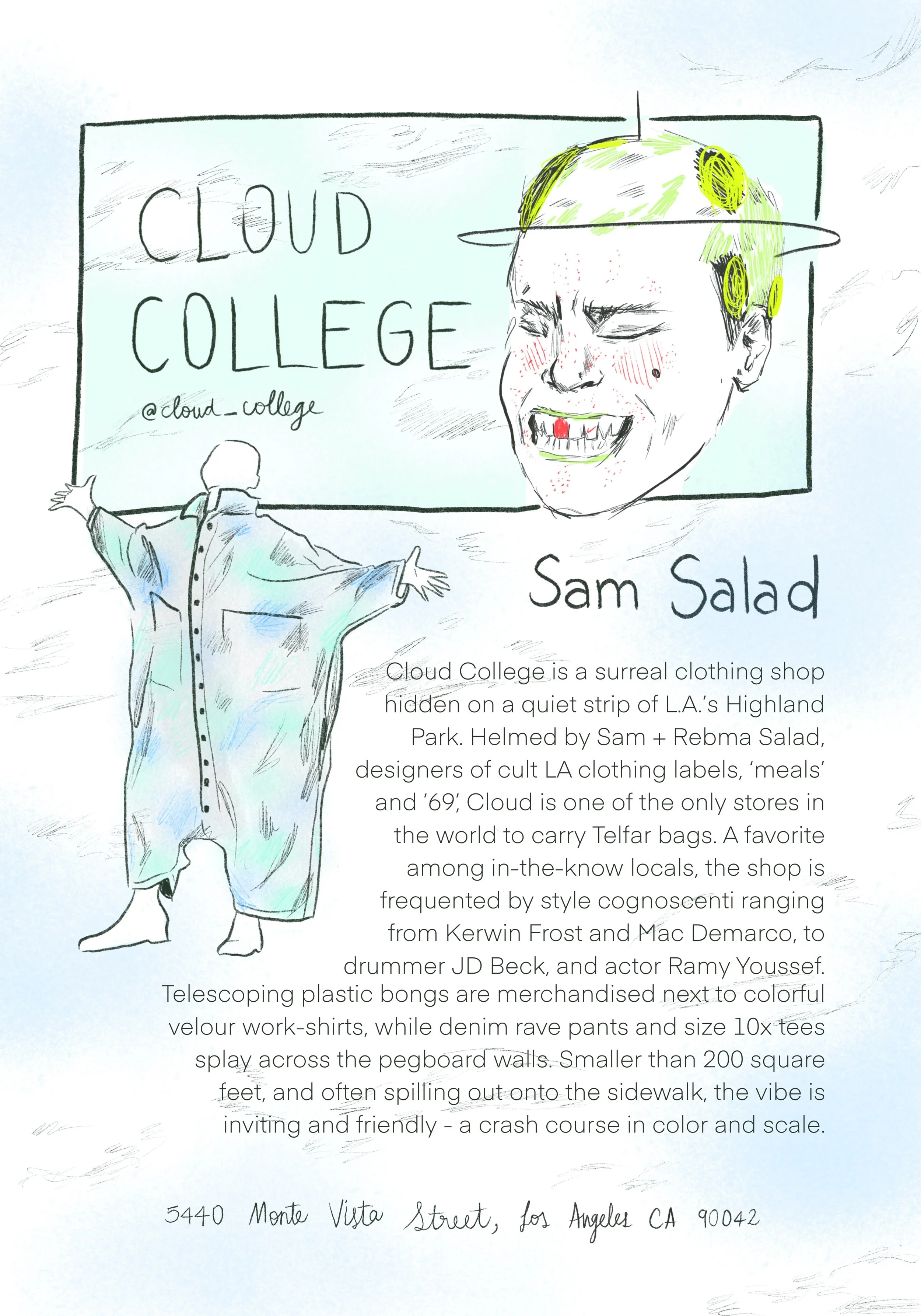 Illustration by Laura Umaña for Love My Local Guide: Los Angeles, showcasing Cloud College, a surreal clothing shop in Highland Park founded by designers Sam and Rebma Salad.