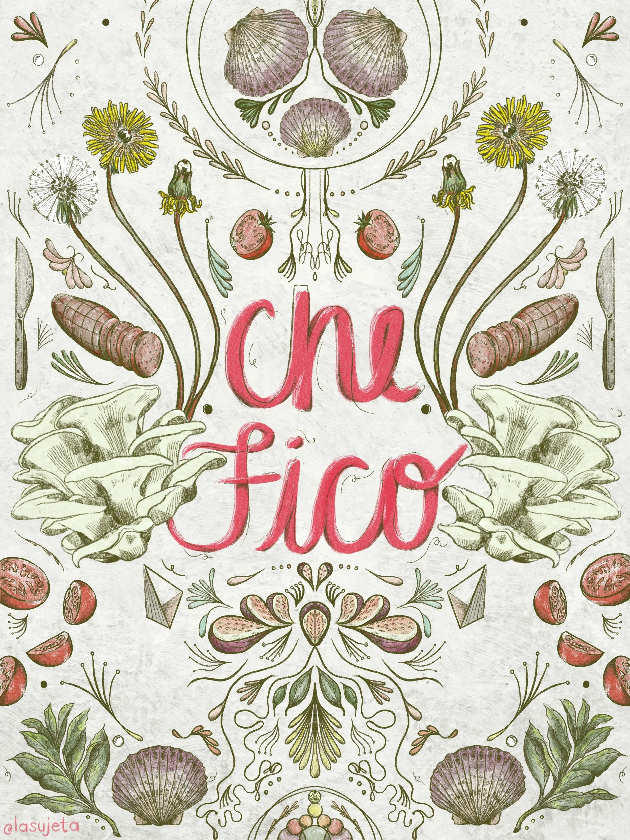 Botanical illustration created for Che Fico restaurant, combining food elements, florals, and organic symmetry in Laura Umaña’s hand-drawn style.