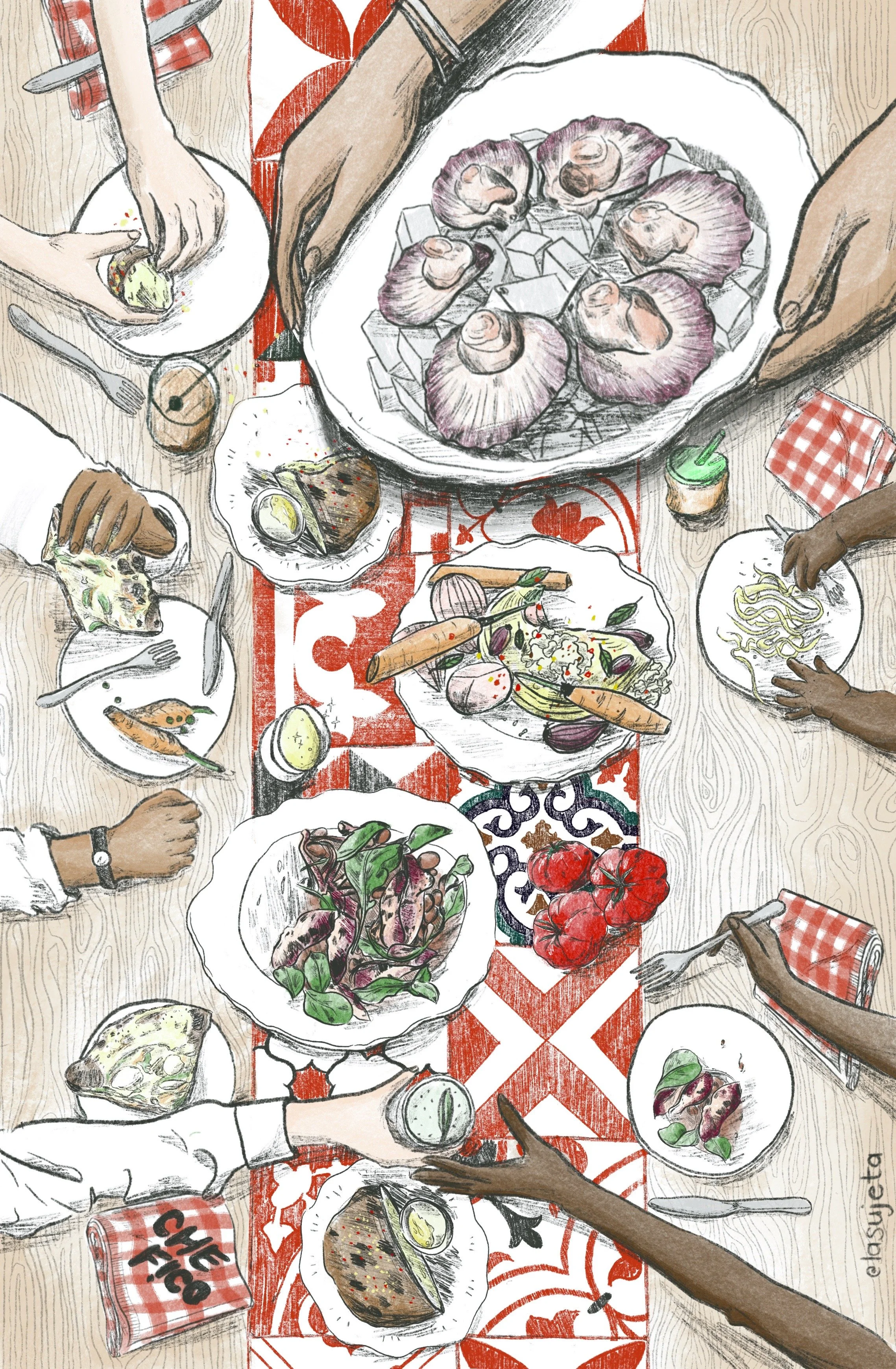 Illustration of a shared Italian meal from above, showing hands passing dishes and seafood on a patterned red and white tablecloth by Laura Umaña for Che Fico, a restaurant located in San Francisco, California.
