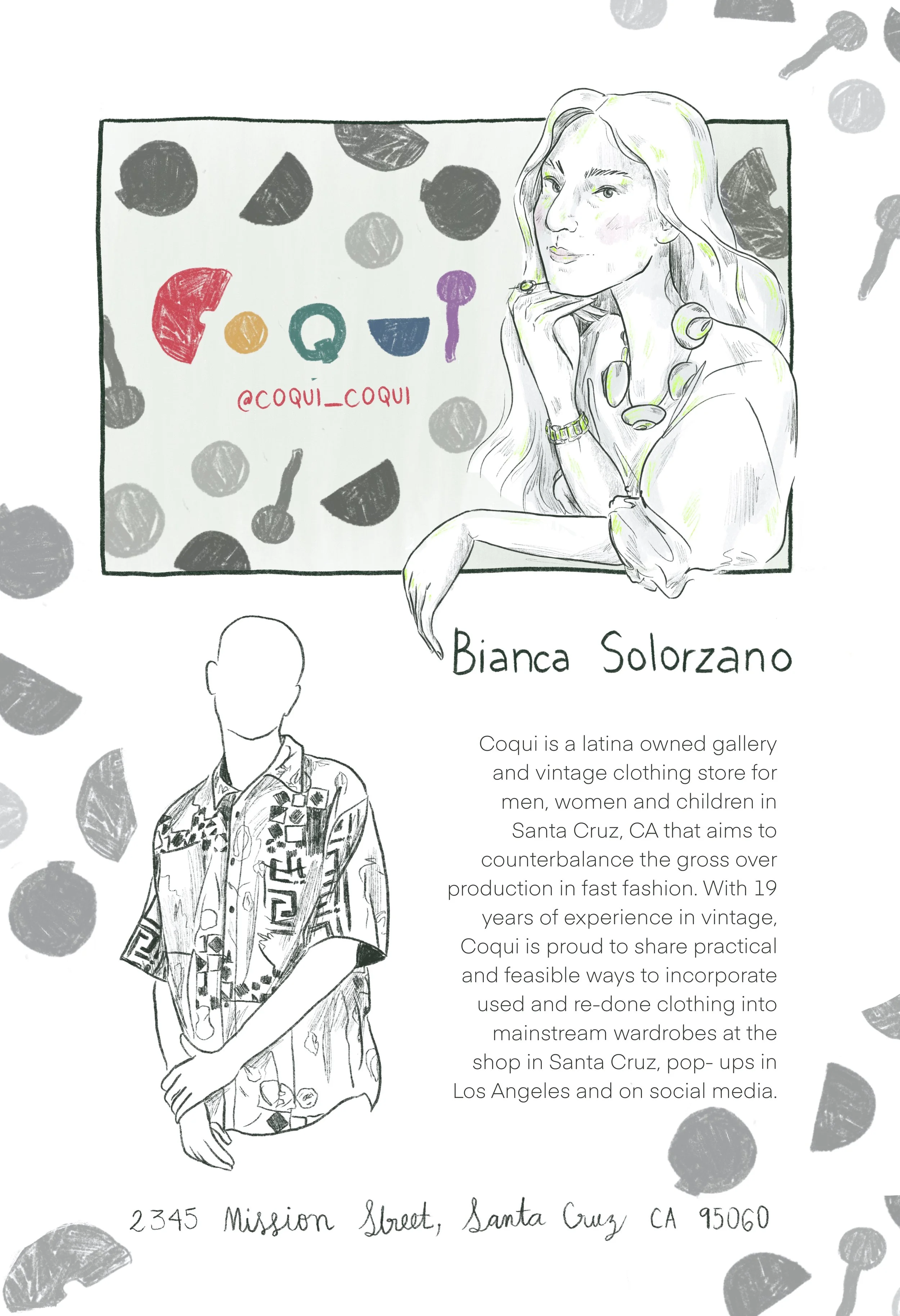 Illustration by Laura Umaña for Love My Local Guide: Los Angeles, featuring Bianca Solorzano and her brand Coqui, a Latina-owned gallery and vintage clothing shop based in Santa Cruz and Los Angeles.