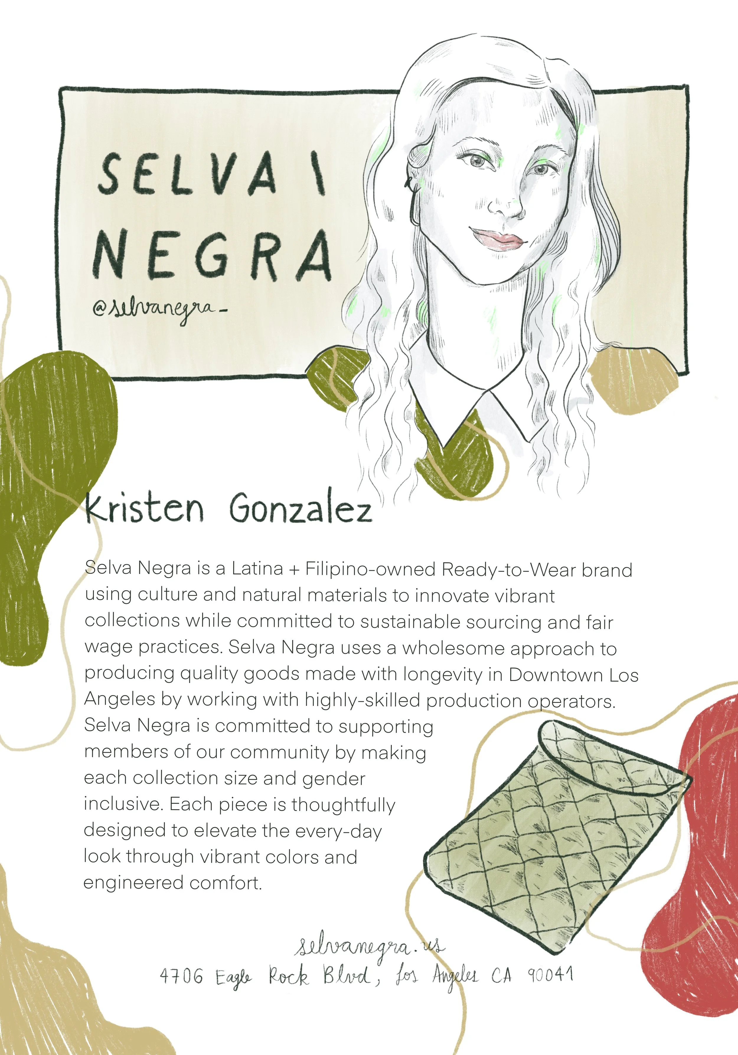 Illustration by Laura Umaña for Love My Local Guide: Los Angeles, featuring Kristen Gonzalez of Selva Negra, a Latina and Filipino-owned sustainable fashion brand based in Los Angeles.