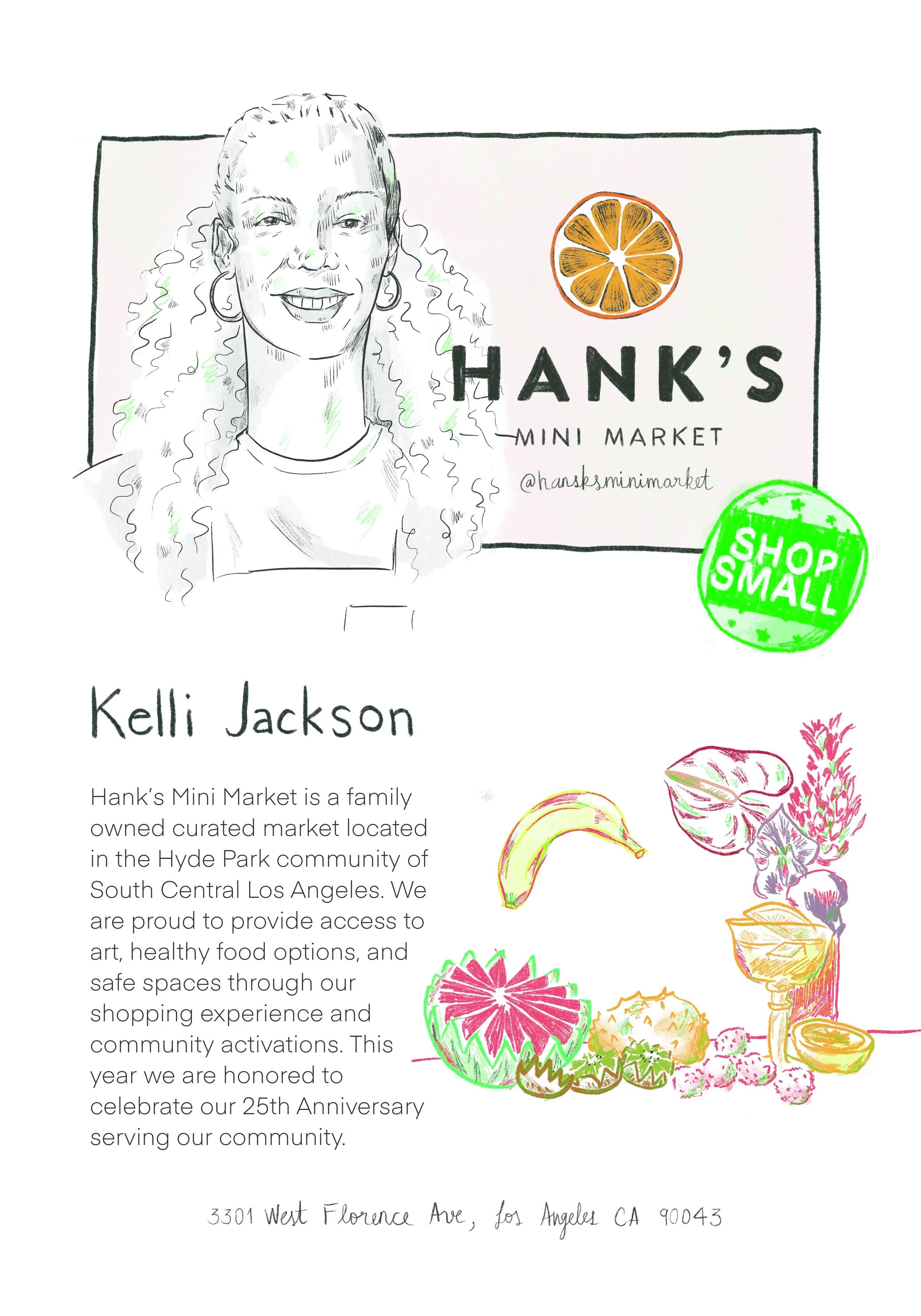 Illustration by Laura Umaña for Love My Local Guide: Los Angeles, highlighting Kelli Jackson and Hank’s Mini Market, a family-run curated grocery and art space in South Central Los Angeles.