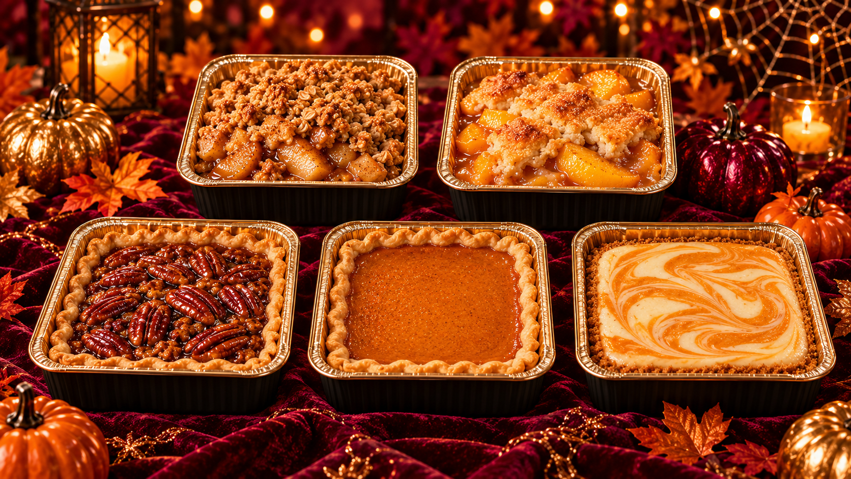 Five decadent Halloween desserts in gold trays.png