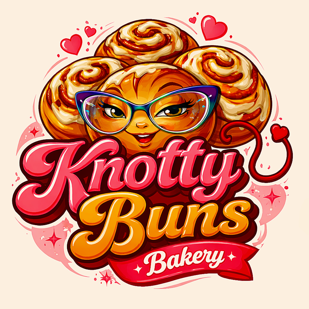 Logo for Knotty Buns Bakery featuring a cartoon cinnamon bun with glasses, surrounded by hearts and stars.