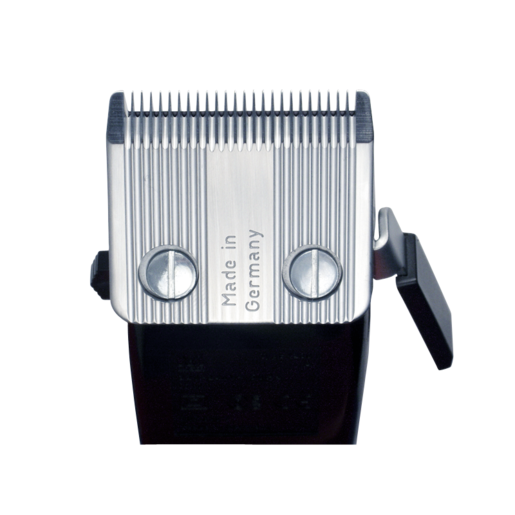 Elektrische tondeusekop met 'Made in Germany' tekst, met geleidekam en klemmen.