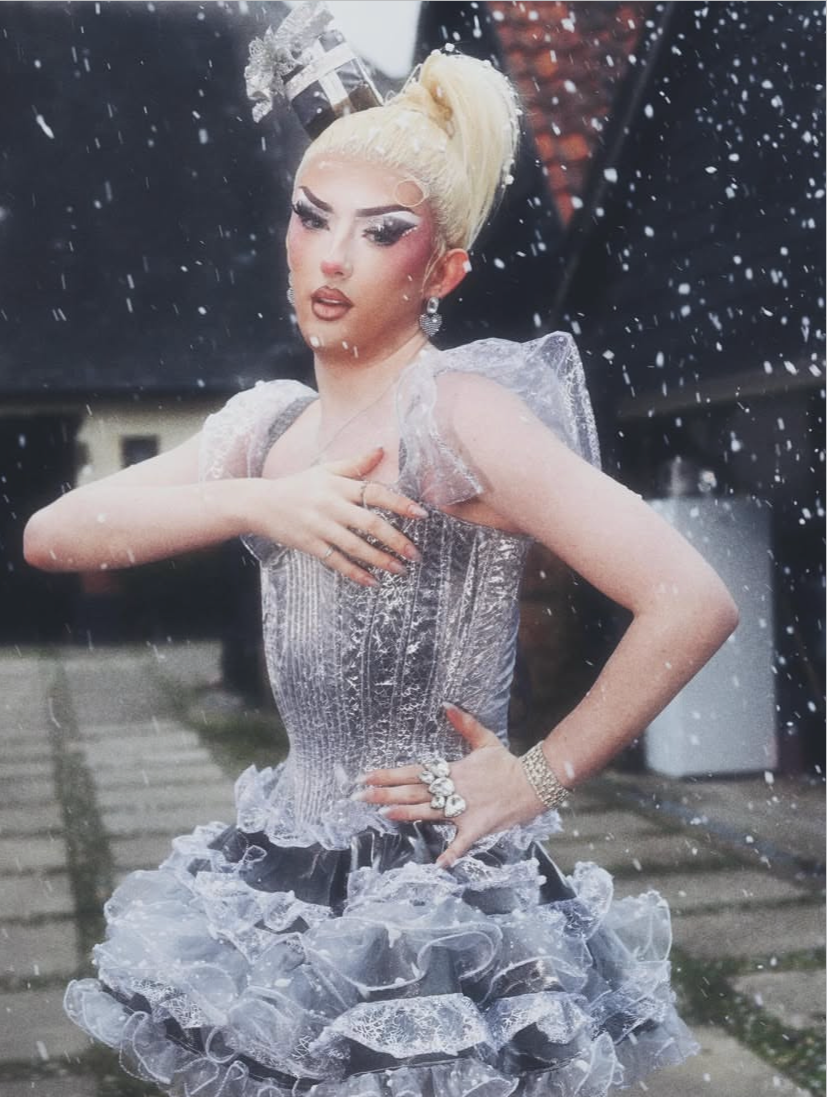 Cece in custom Tinsel silver wfh hourglass dress.