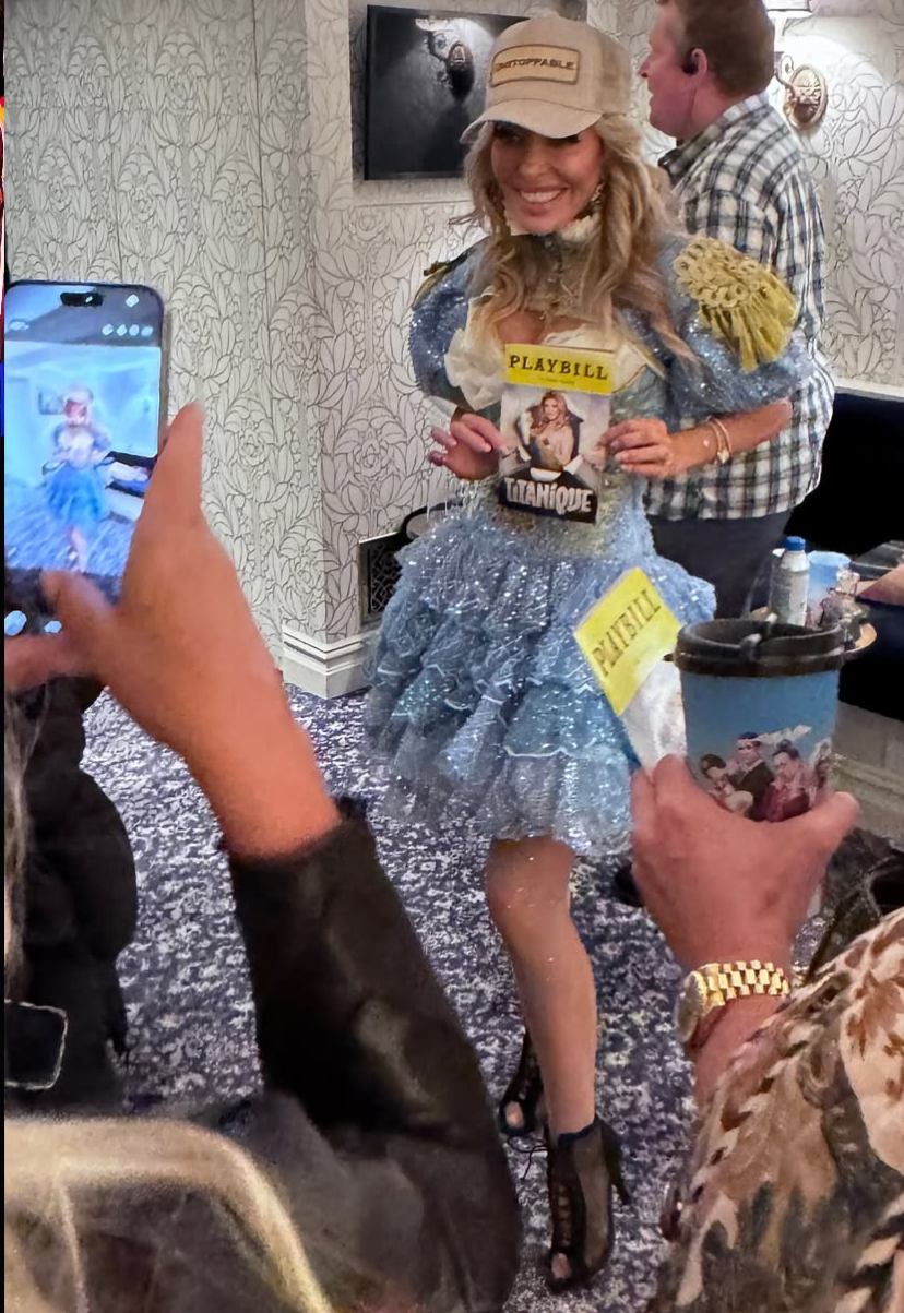 Juliet Mayhew in custom hourglass, skirt and jacket for her appearance on Broadways ‘Titanique’.