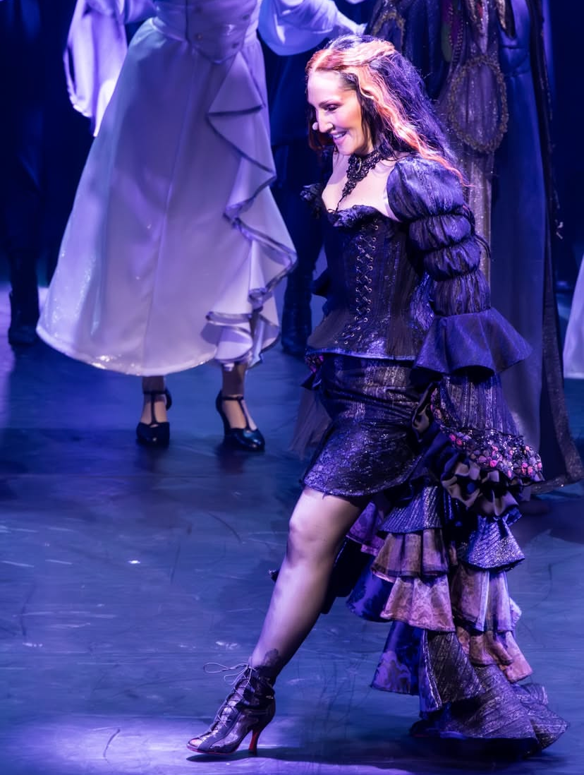 Michelle Visage wearing custom Tante Hansa corset, skirt and sleeves in Sea Witch the Musical. 