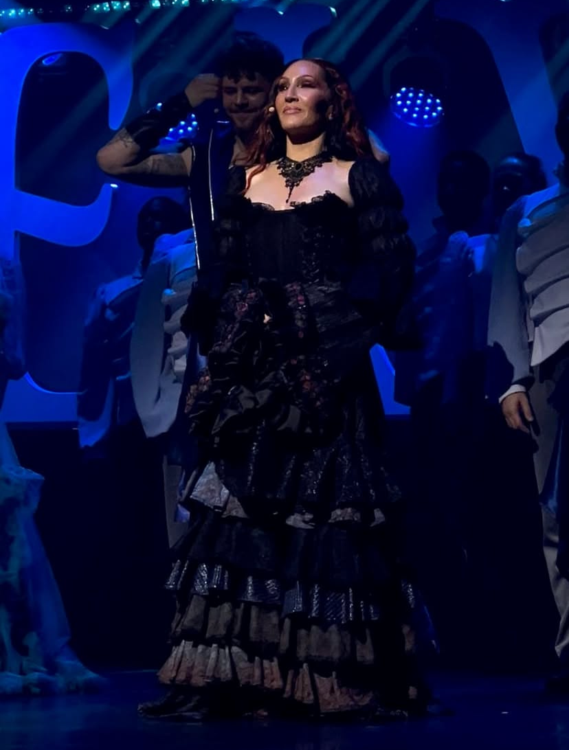 Michelle Visage wearing custom Tante Hansa corset, skirt and sleeves in Sea Witch the Musical. 