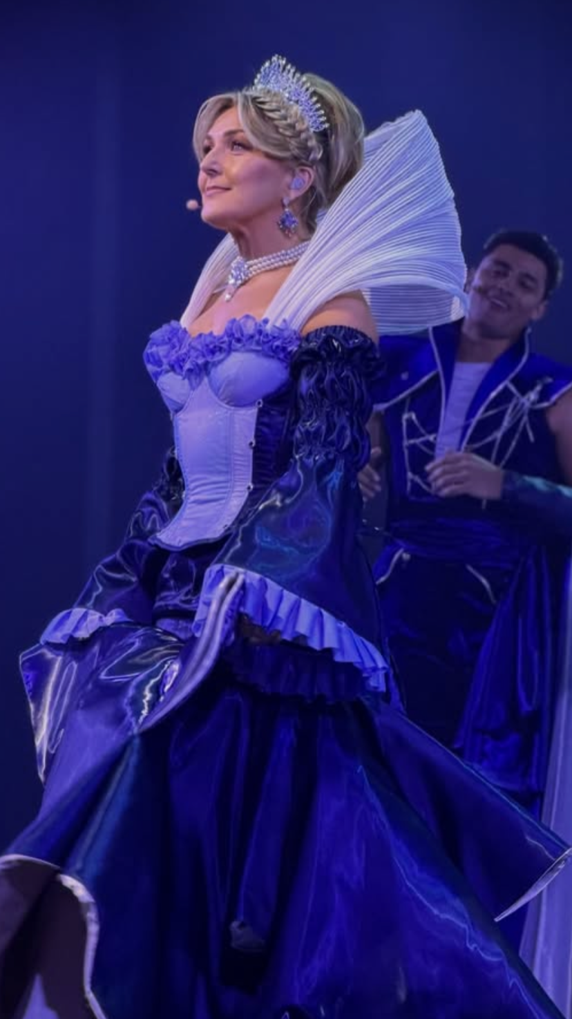 Mazz Murray wearing custom ‘Queen Charlotte’ corset, skirt and sleeves in Sea Witch the Musical. 